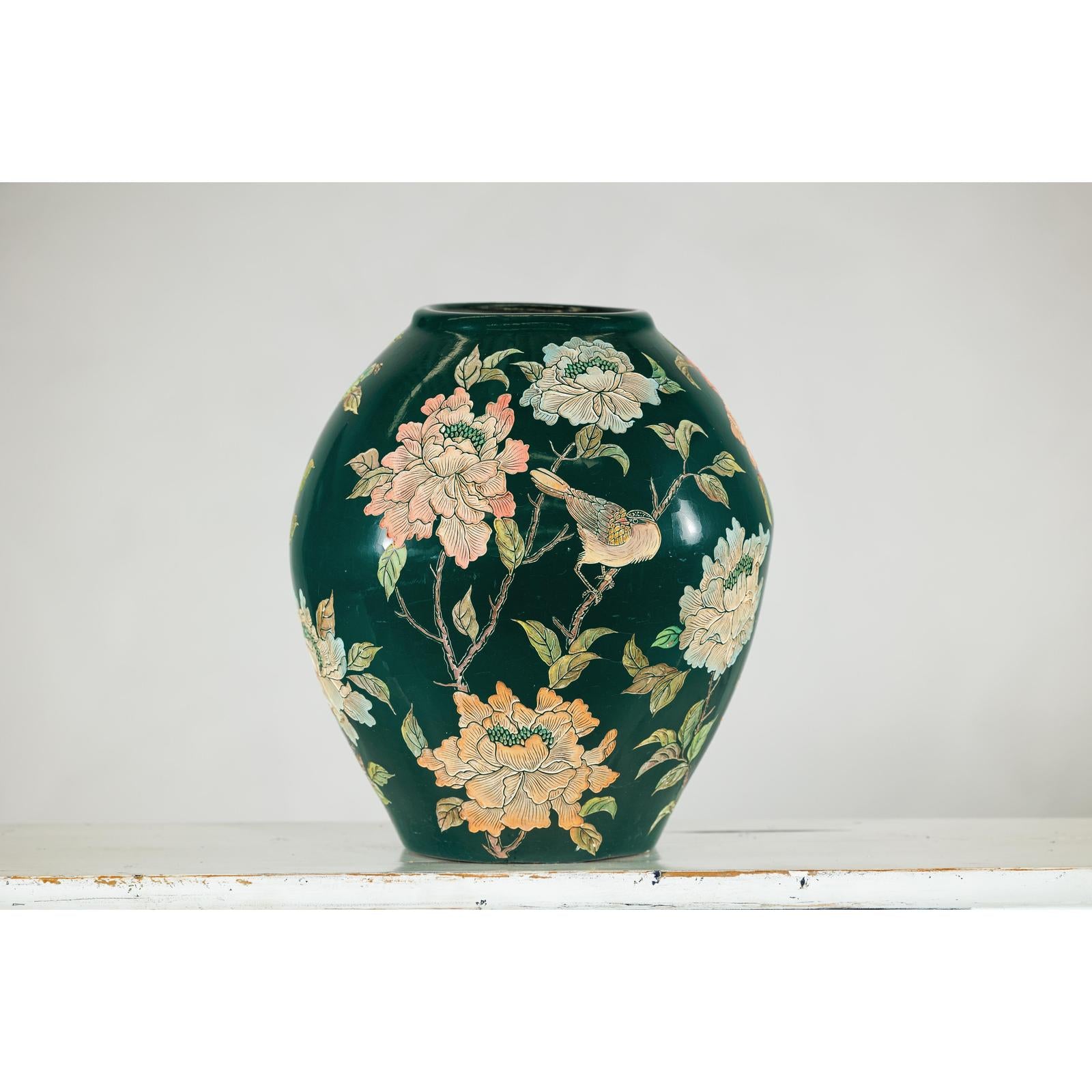 Green Ceramic Vase with Birds, Butterflies, and Floral Decoration-6. Asian &amp; Chinese Furniture, Art, Antiques, Vintage Home Décor for sale at FEA Home