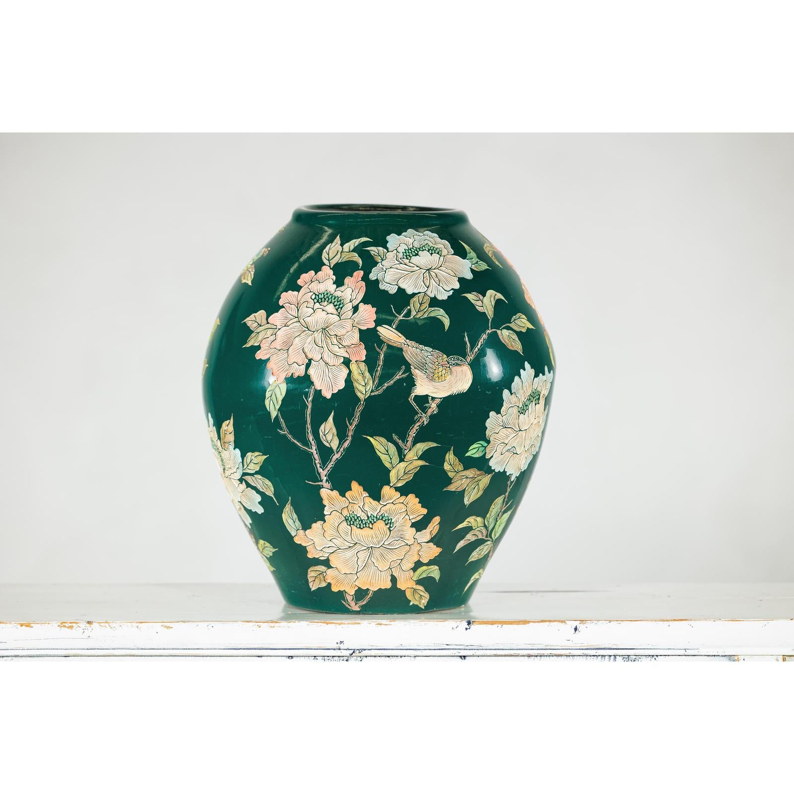 Green Ceramic Vase with Birds, Butterflies, and Floral Decoration-7. Asian &amp; Chinese Furniture, Art, Antiques, Vintage Home Décor for sale at FEA Home