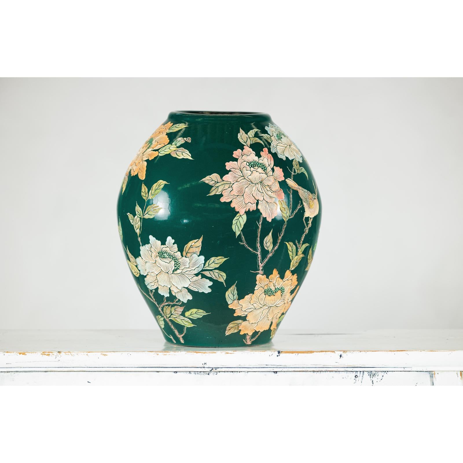 Green Ceramic Vase with Birds, Butterflies, and Floral Decoration-8. Asian &amp; Chinese Furniture, Art, Antiques, Vintage Home Décor for sale at FEA Home