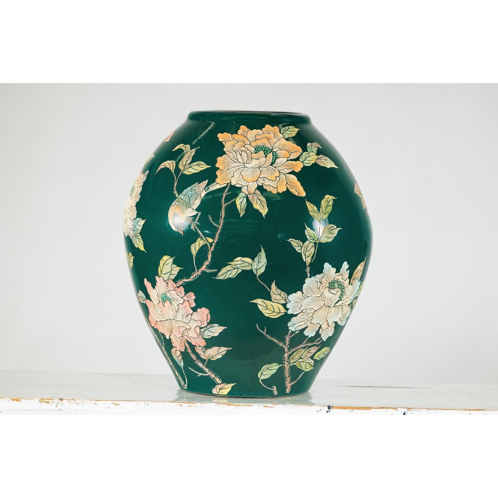 Green Ceramic Vase with Birds, Butterflies, and Floral Decoration-9. Asian &amp; Chinese Furniture, Art, Antiques, Vintage Home Décor for sale at FEA Home