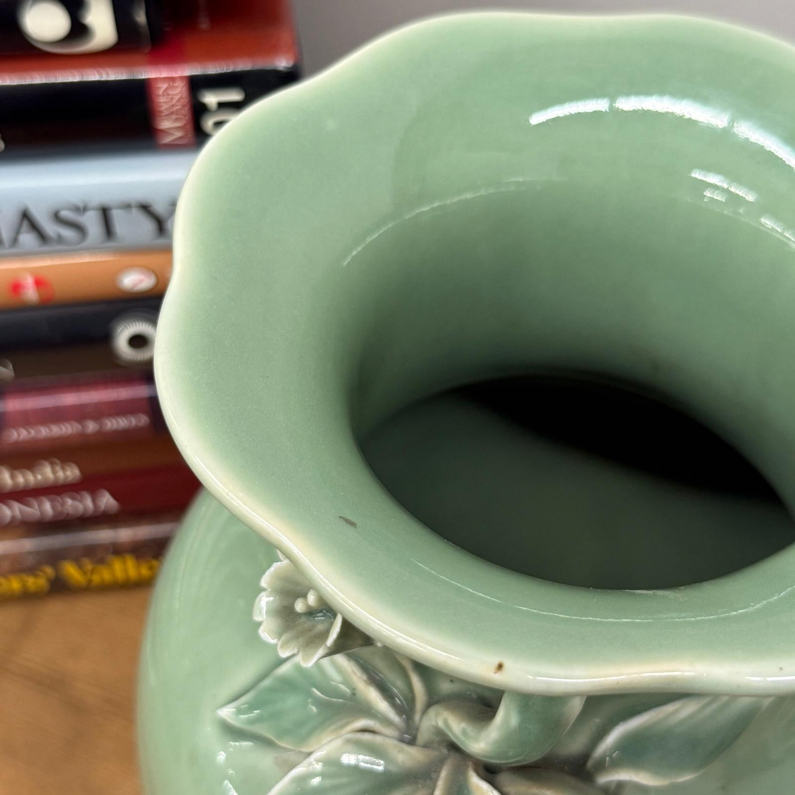 Green Ceramic Vase with Botanical Theme Handles - FEA Home