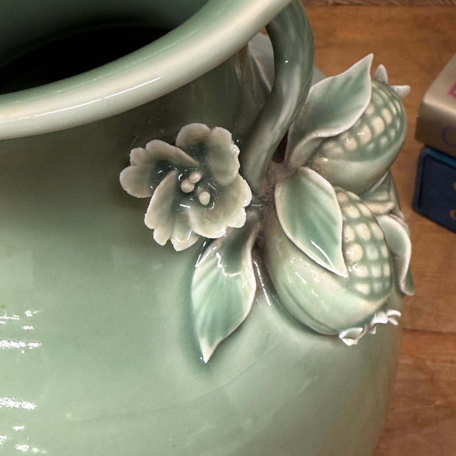 Green Ceramic Vase with Botanical Theme Handles - FEA Home