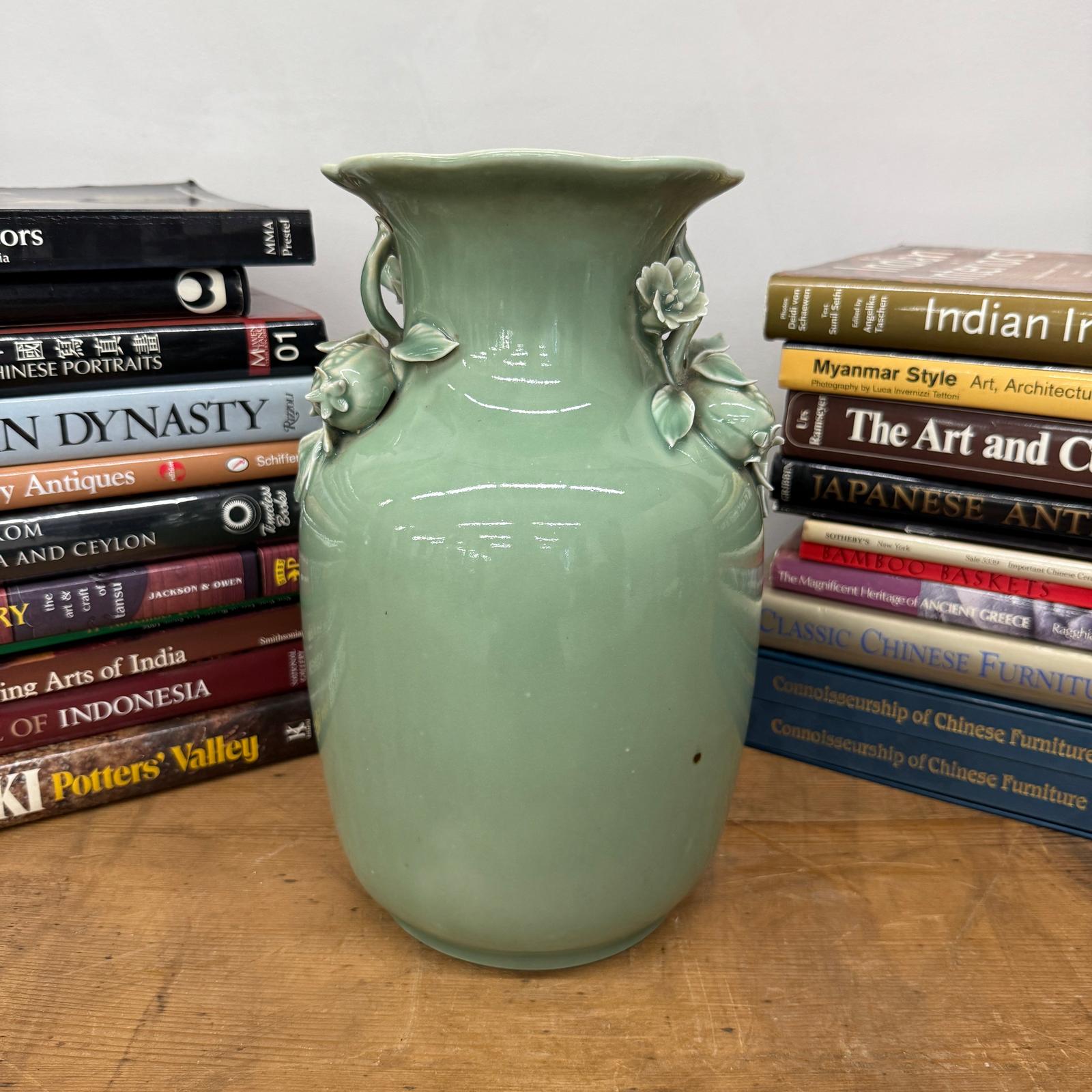 Green Ceramic Vase with Botanical Theme Handles - FEA Home