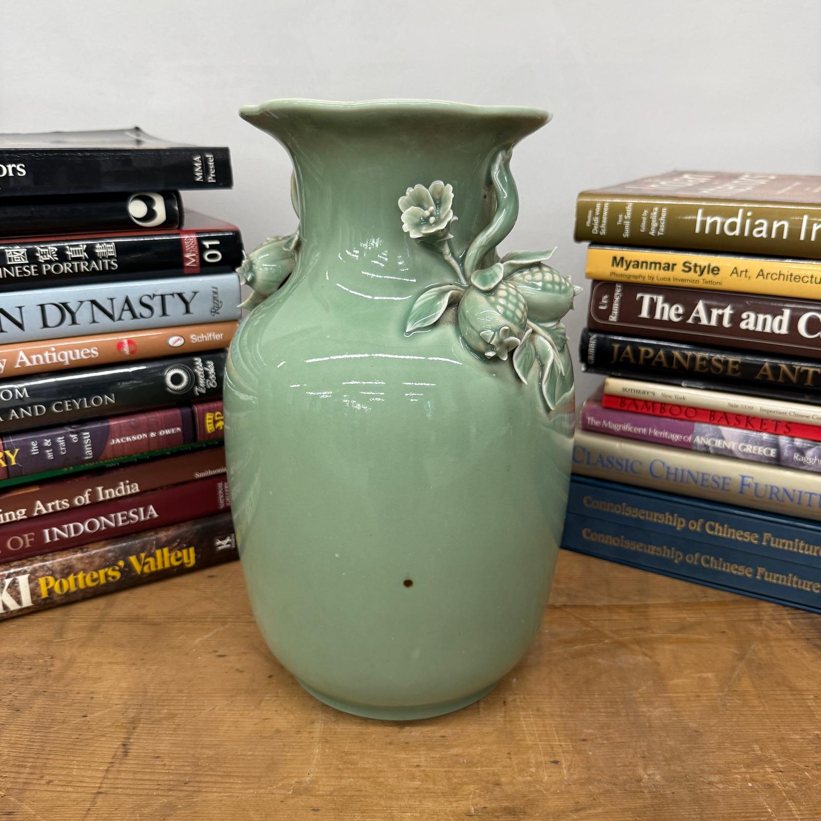 Green Ceramic Vase with Botanical Theme Handles - FEA Home