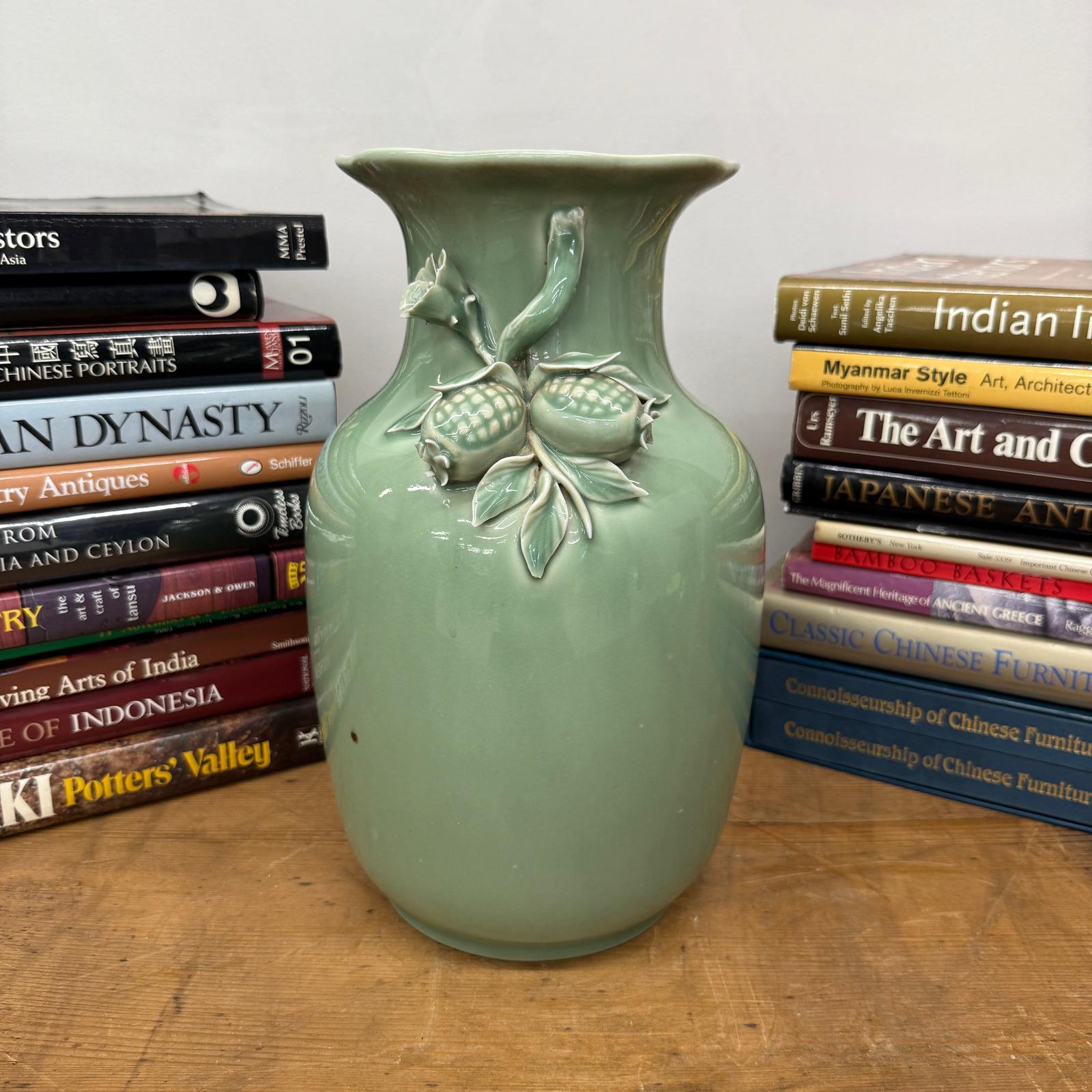 Green Ceramic Vase with Botanical Theme Handles - FEA Home