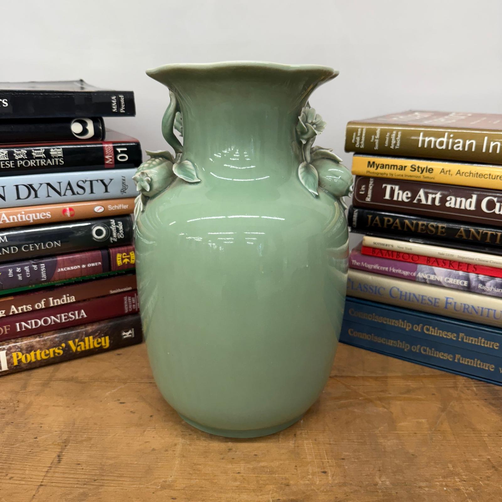 Green Ceramic Vase with Botanical Theme Handles - FEA Home