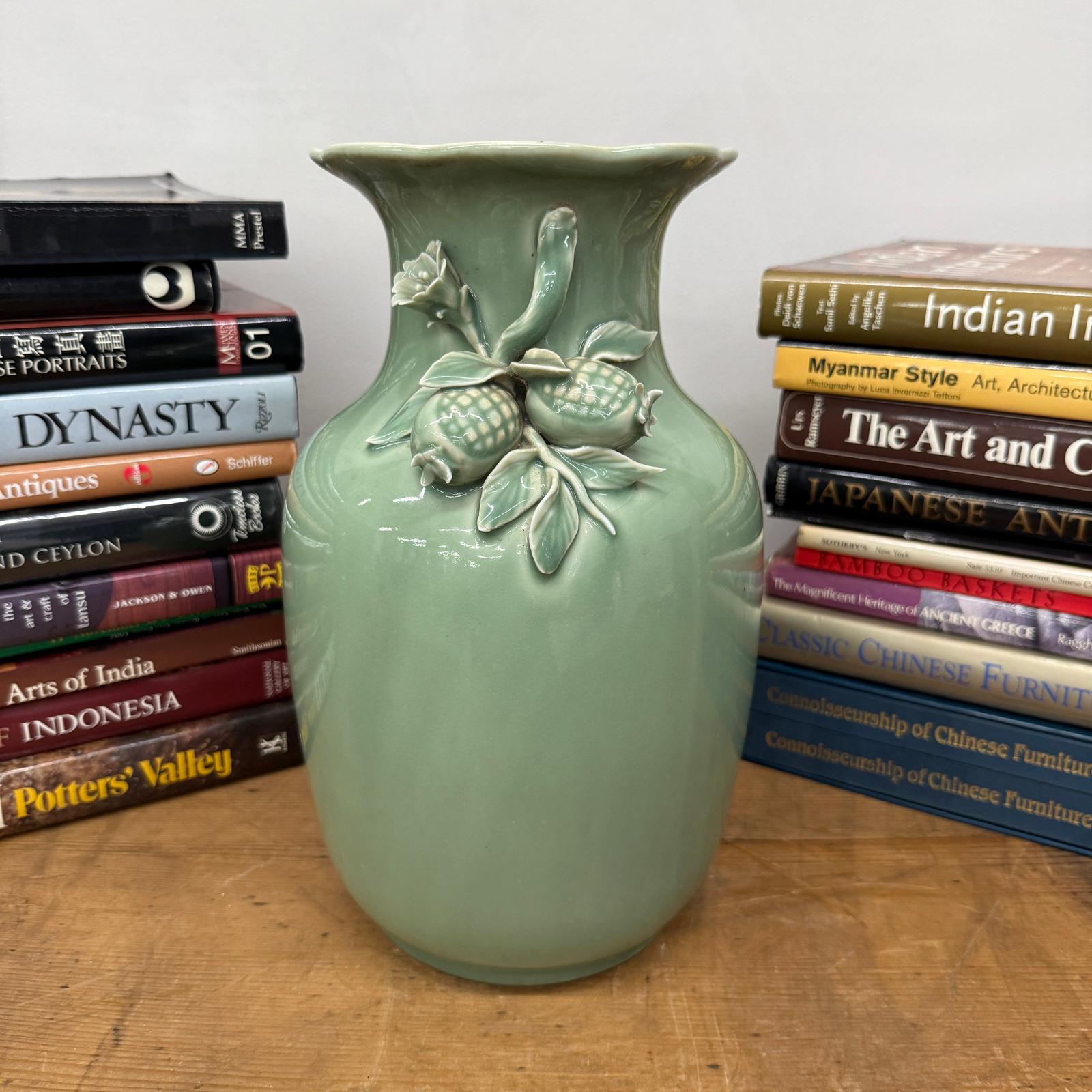 Green Ceramic Vase with Botanical Theme Handles - FEA Home