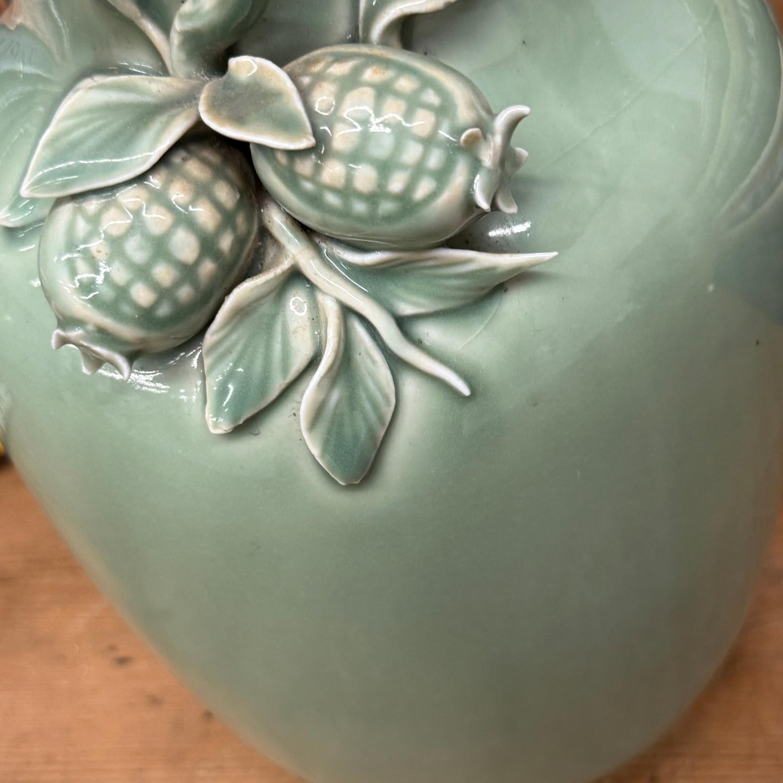 Green Ceramic Vase with Botanical Theme Handles - FEA Home