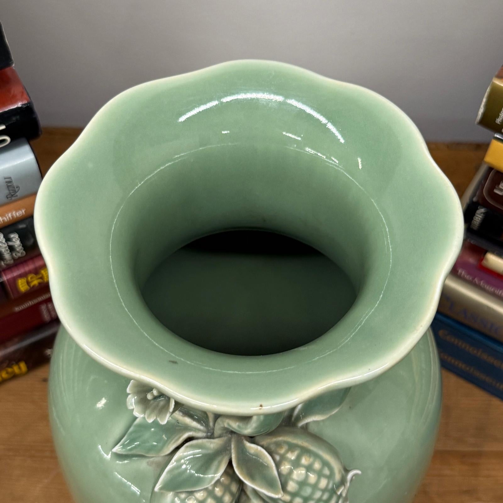 Green Ceramic Vase with Botanical Theme Handles - FEA Home