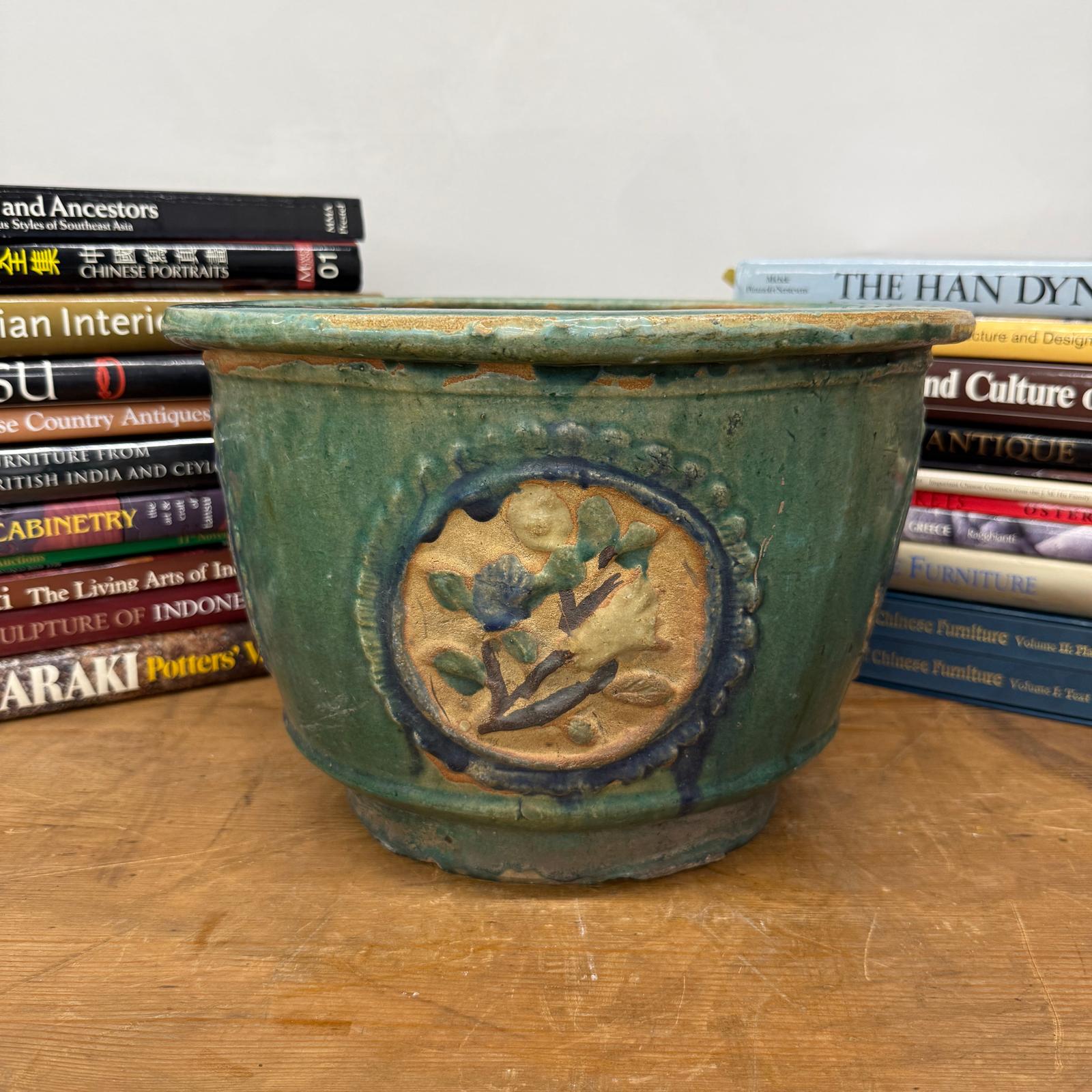Green Planter with Floral Relief Design - FEA Home