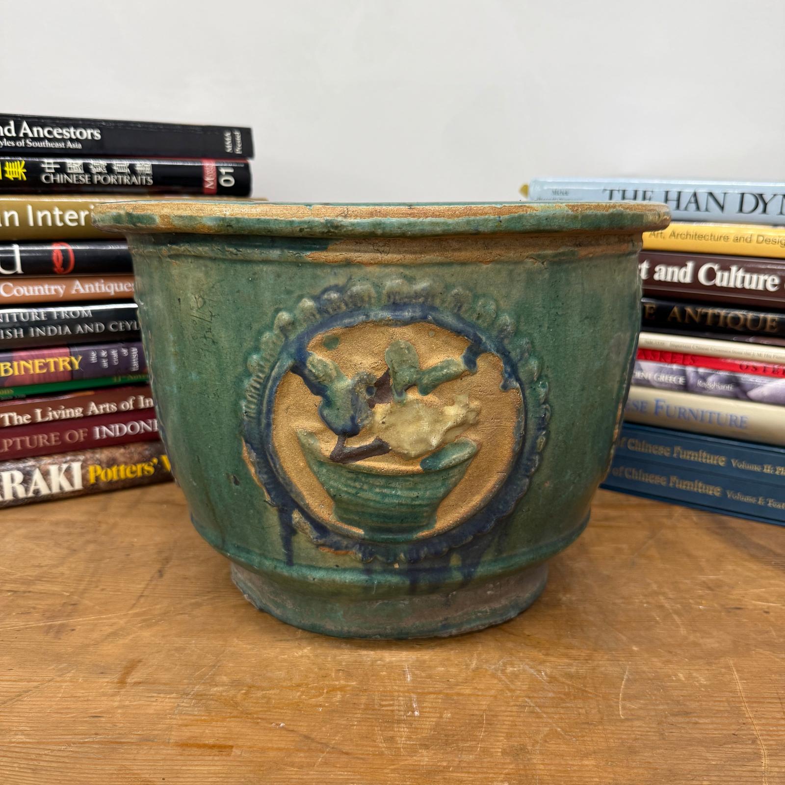 Green Planter with Floral Relief Design - FEA Home