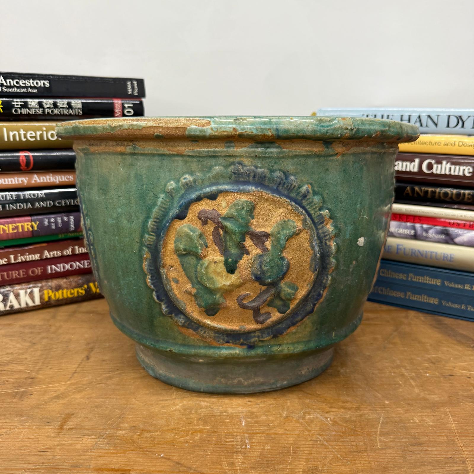 Green Planter with Floral Relief Design - FEA Home