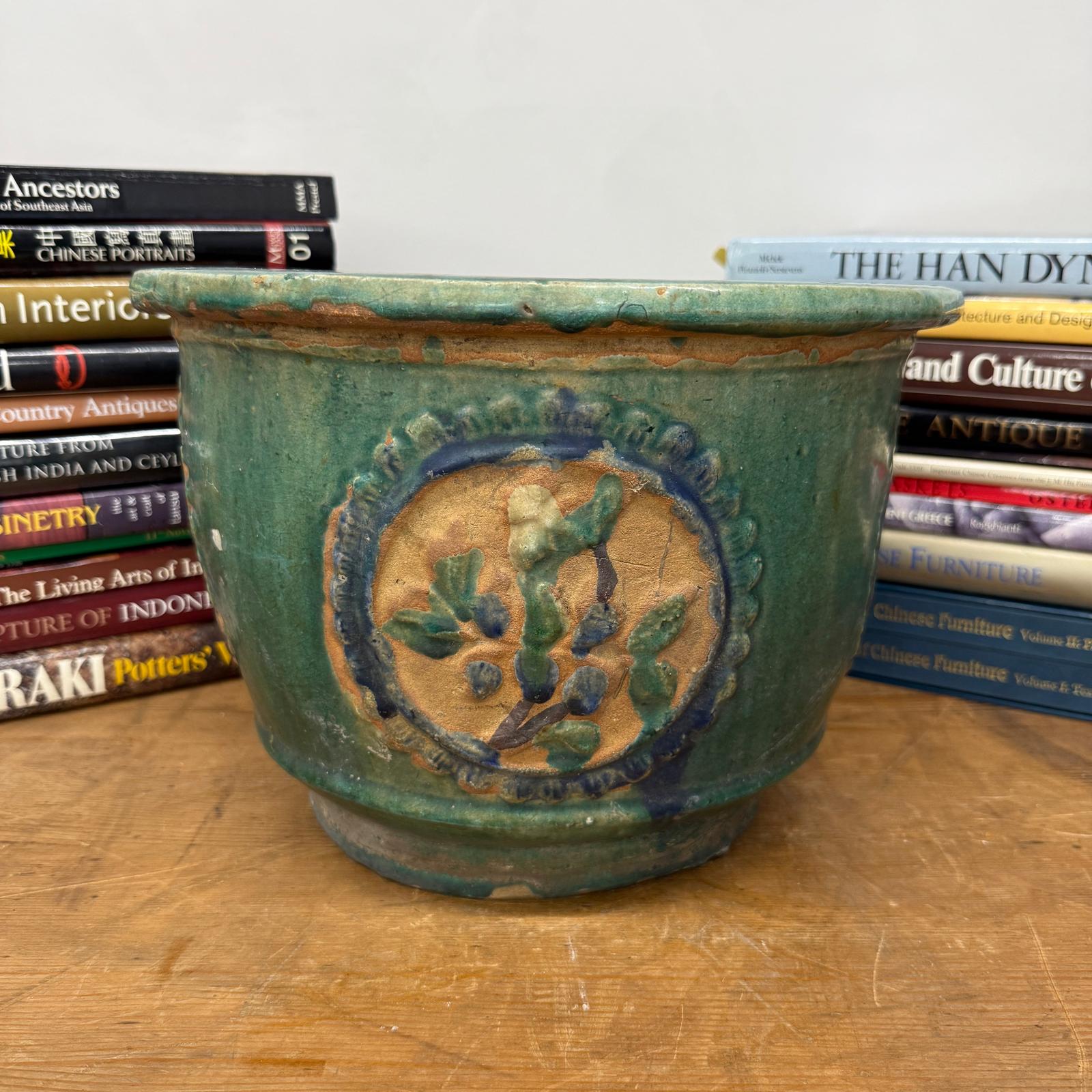Green Planter with Floral Relief Design - FEA Home