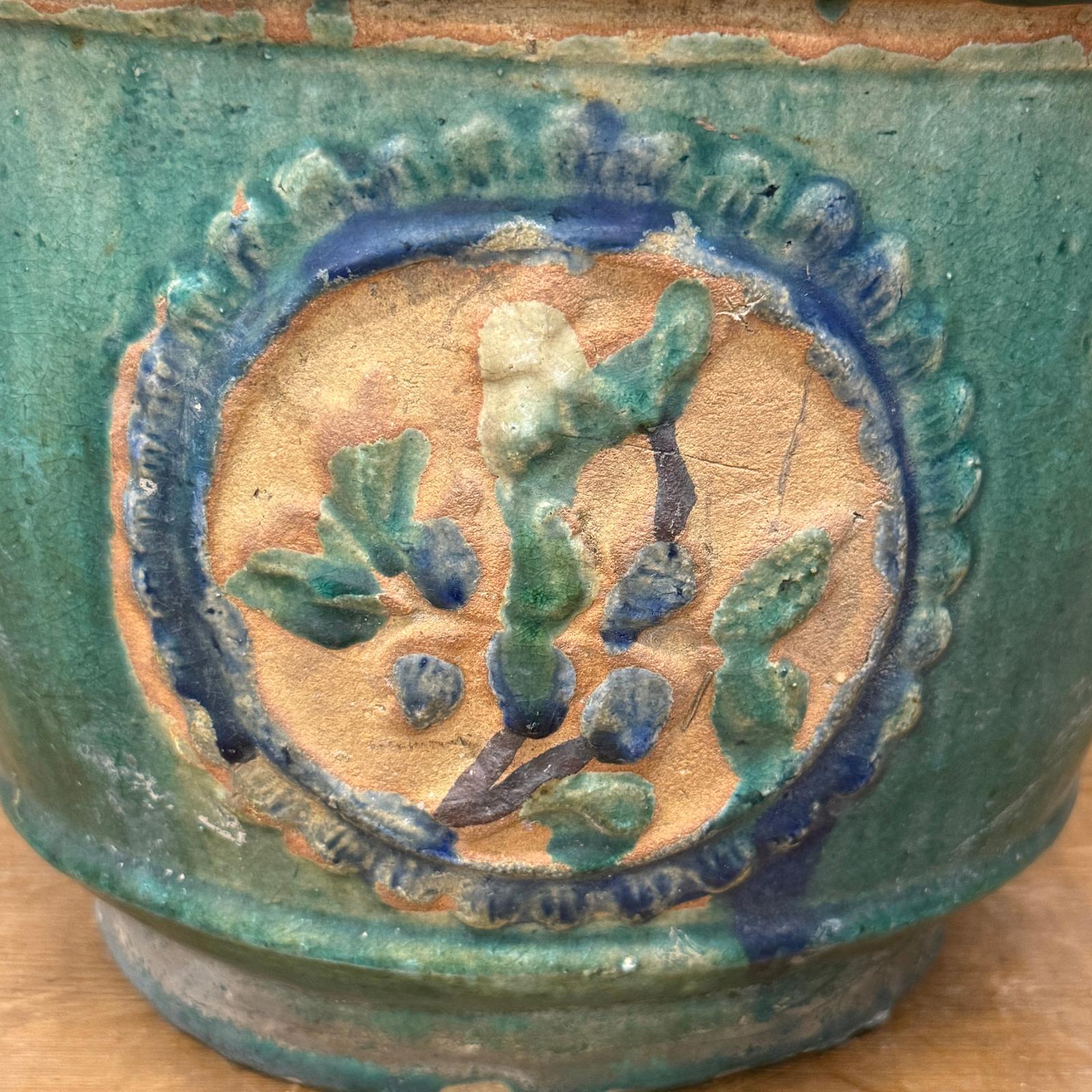 Green Planter with Floral Relief Design - FEA Home