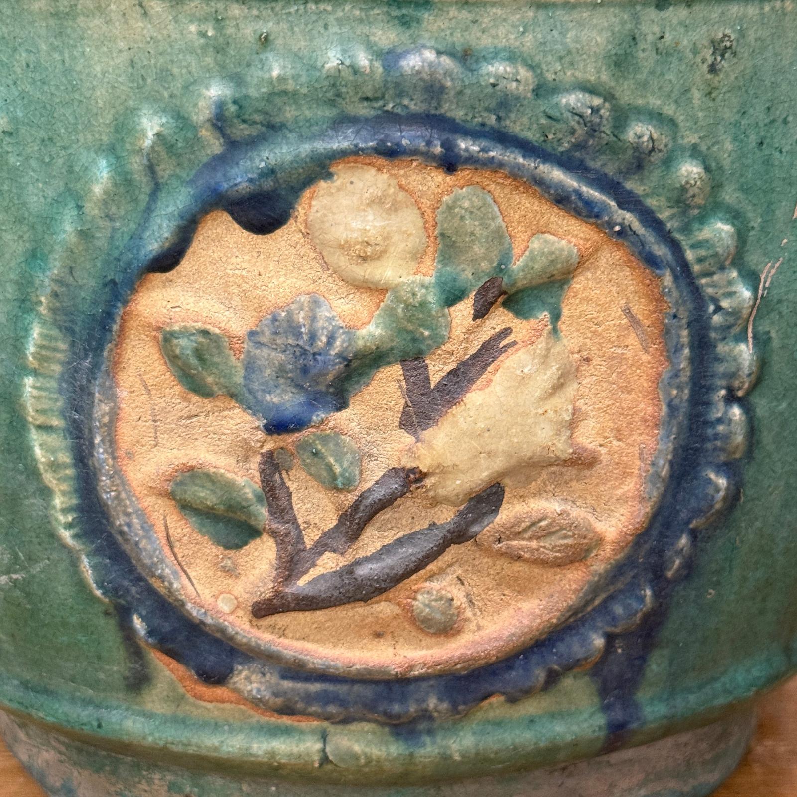 Green Planter with Floral Relief Design - FEA Home