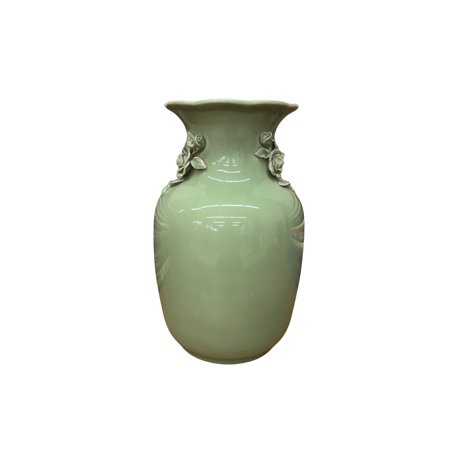Green Vase with Botanical Theme Handles &amp; Scalloped Top - FEA Home
