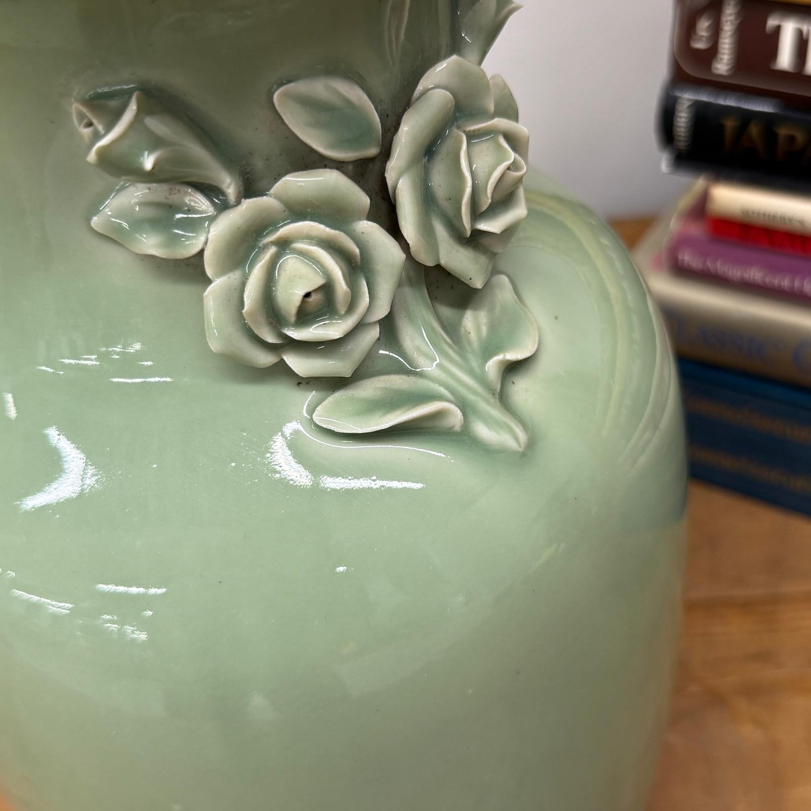 Green Vase with Botanical Theme Handles &amp; Scalloped Top - FEA Home