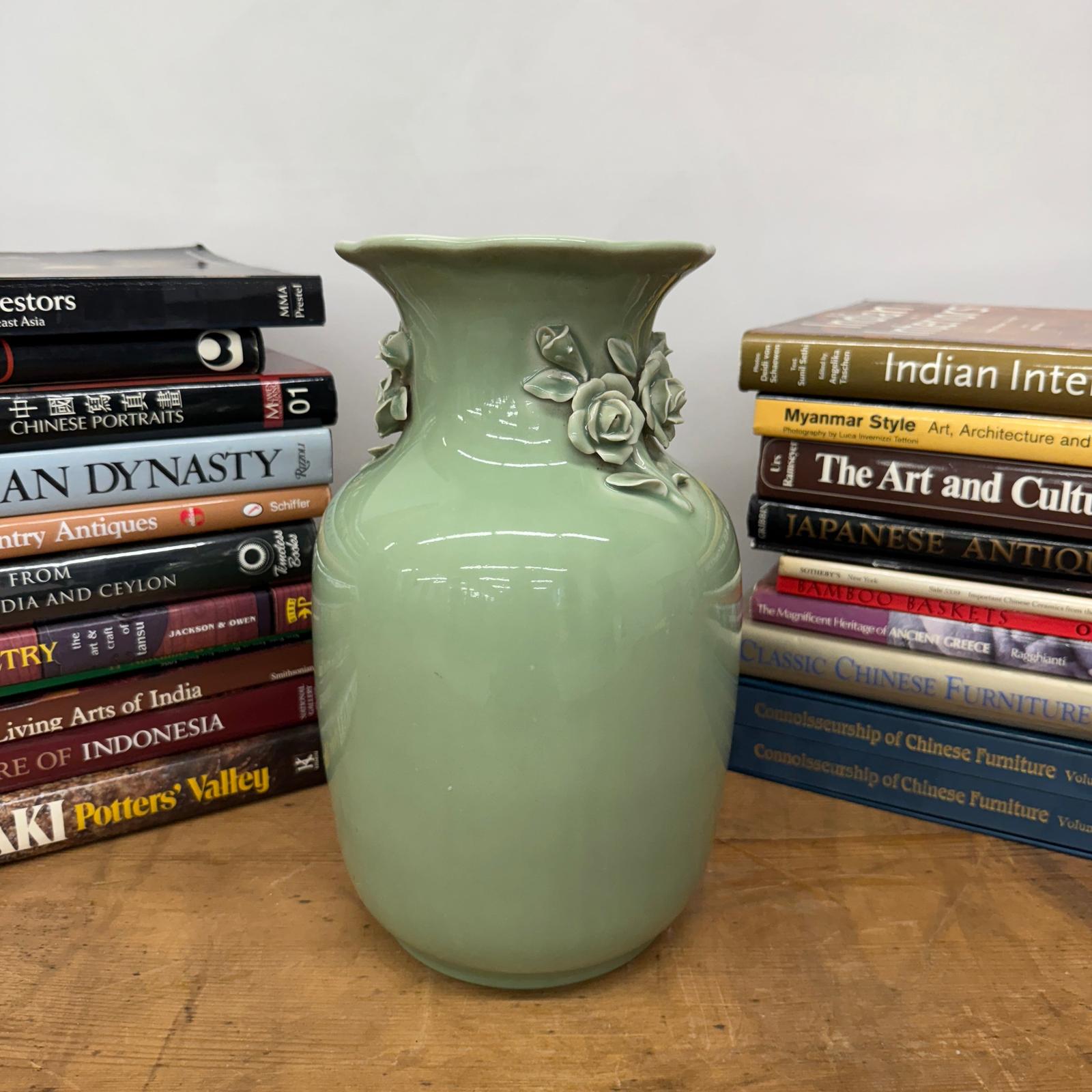 Green Vase with Botanical Theme Handles &amp; Scalloped Top - FEA Home