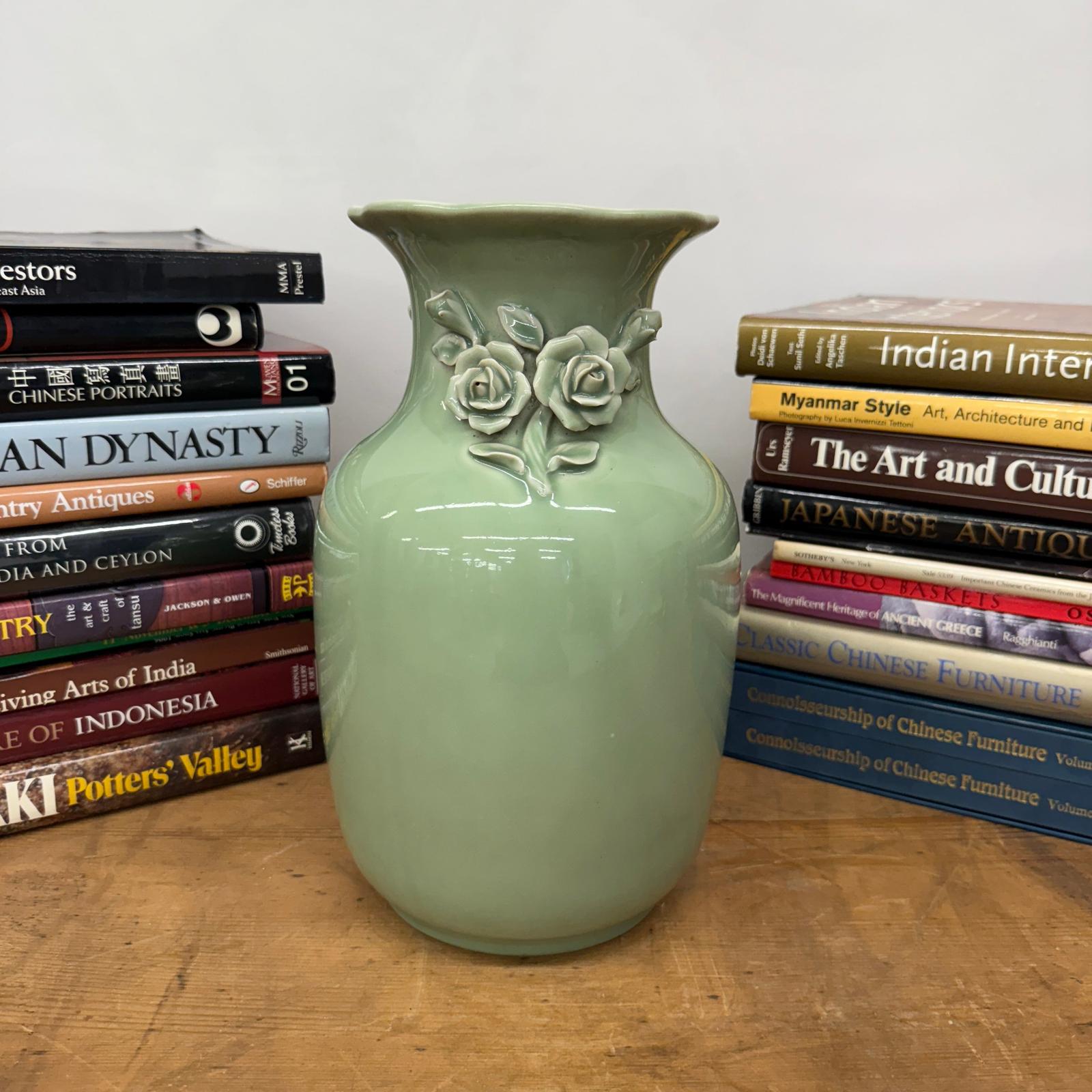 Green Vase with Botanical Theme Handles &amp; Scalloped Top - FEA Home