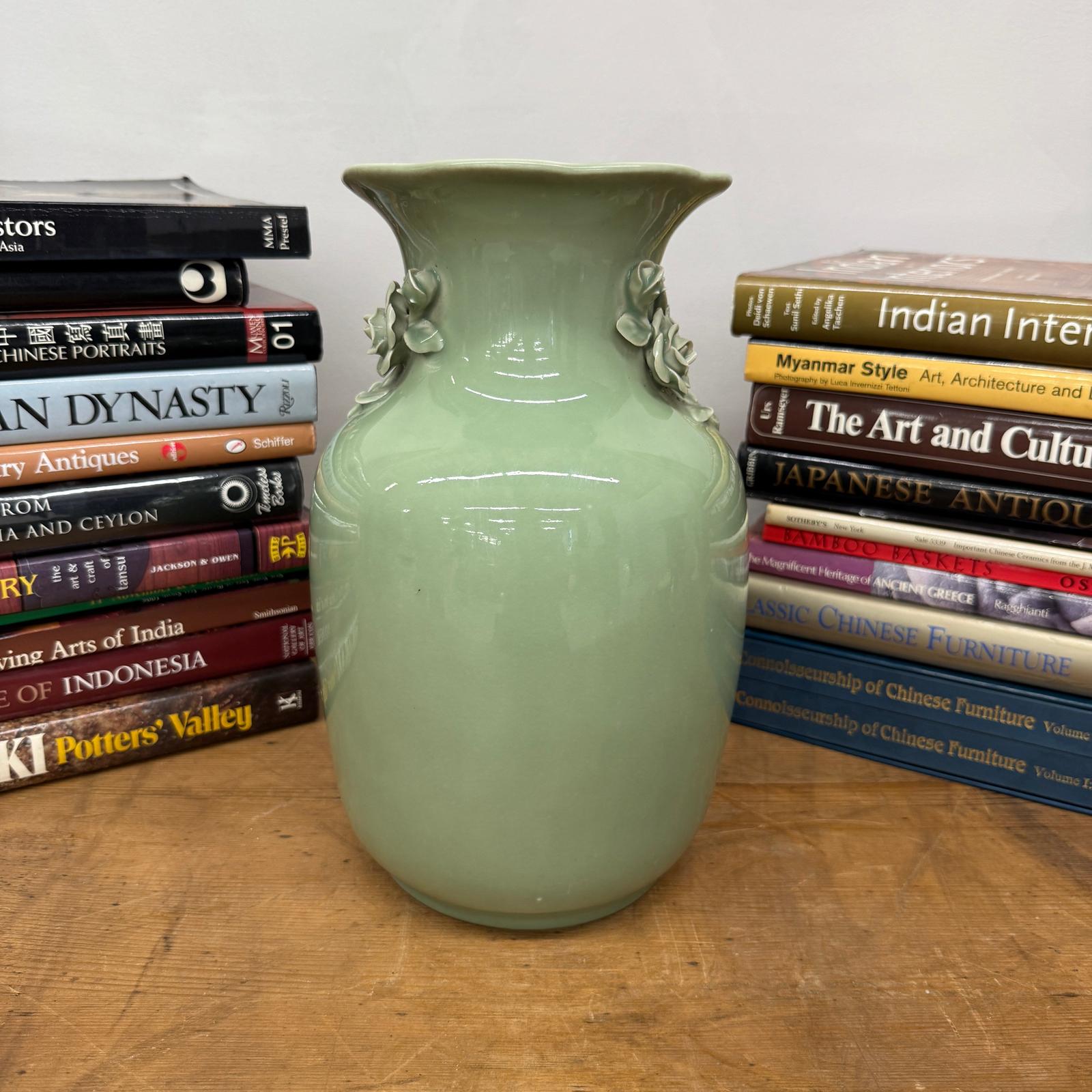 Green Vase with Botanical Theme Handles &amp; Scalloped Top - FEA Home