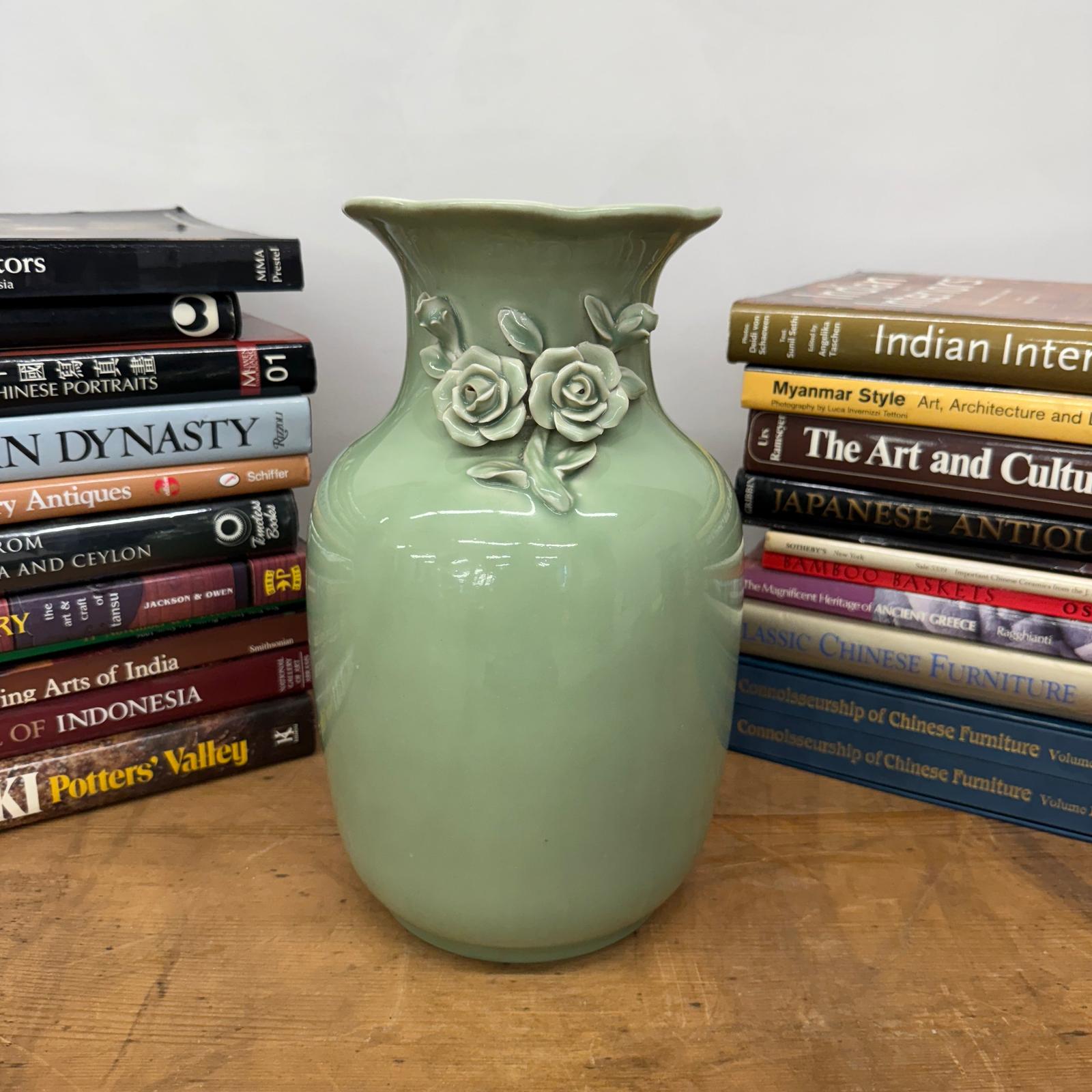 Green Vase with Botanical Theme Handles &amp; Scalloped Top - FEA Home