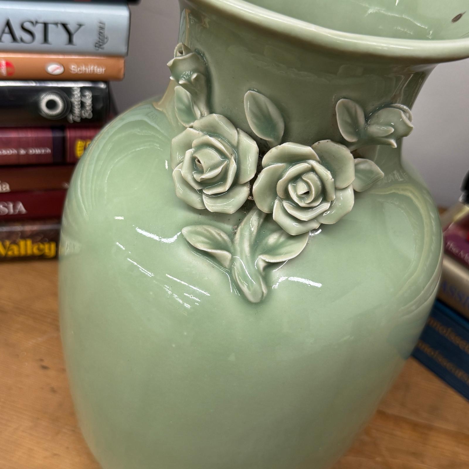 Green Vase with Botanical Theme Handles &amp; Scalloped Top - FEA Home