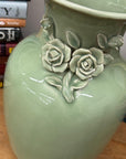 Green Vase with Botanical Theme Handles & Scalloped Top - FEA Home