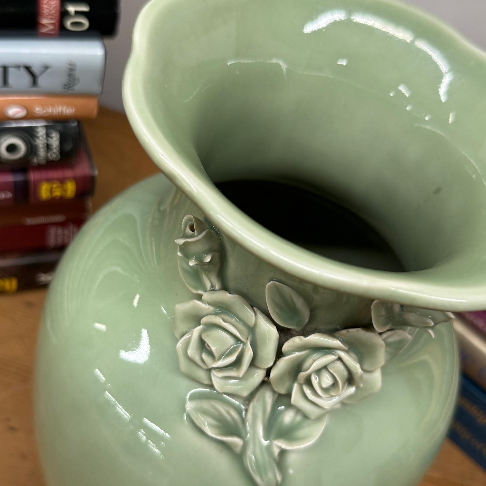 Green Vase with Botanical Theme Handles &amp; Scalloped Top - FEA Home