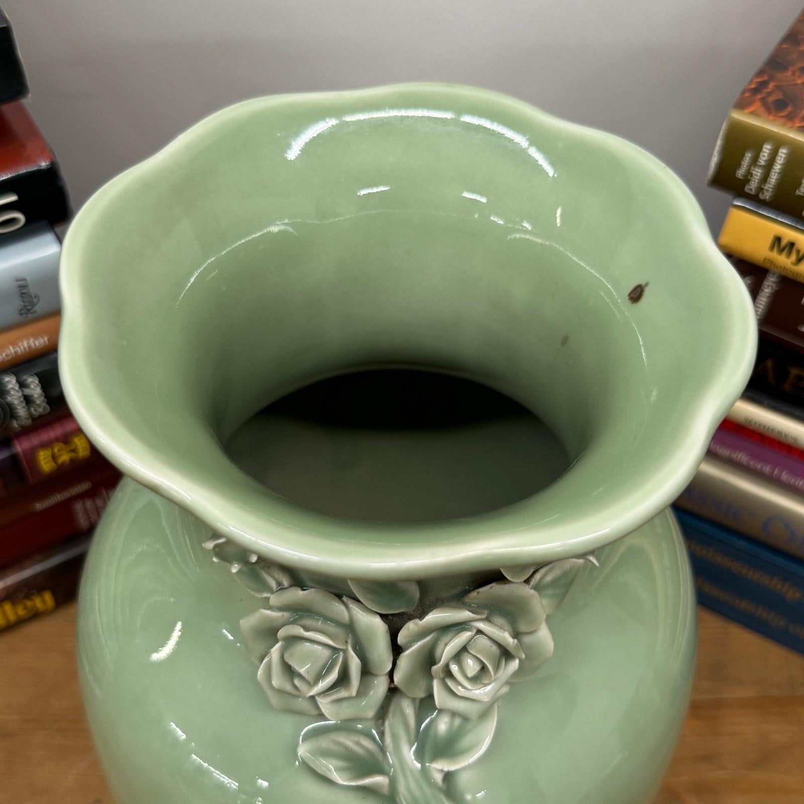 Green Vase with Botanical Theme Handles &amp; Scalloped Top - FEA Home
