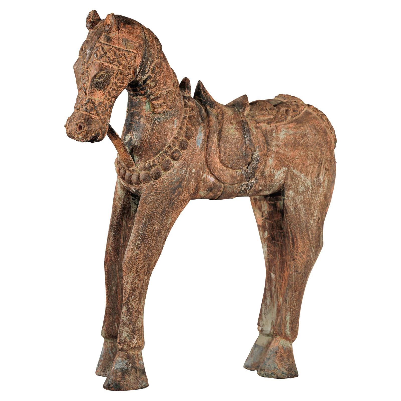 Hand-Carved Painted Wood Horse Sculpture with Geometric Details-1. Asian & Chinese Furniture, Art, Antiques, Vintage Home Décor for sale at FEA Home