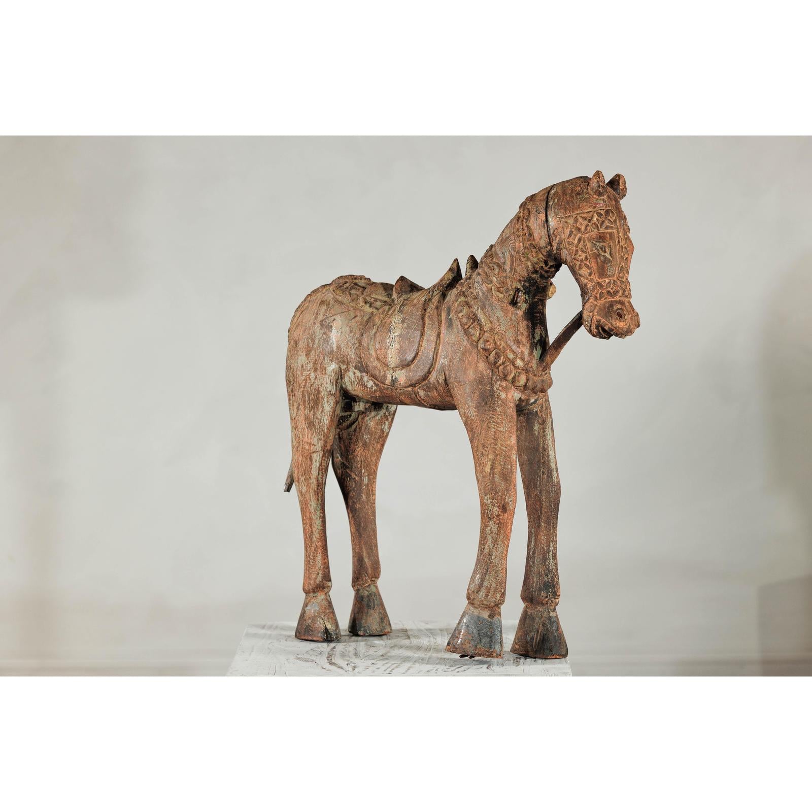 Hand-Carved Painted Wood Horse Sculpture with Geometric Details-10. Asian &amp; Chinese Furniture, Art, Antiques, Vintage Home Décor for sale at FEA Home