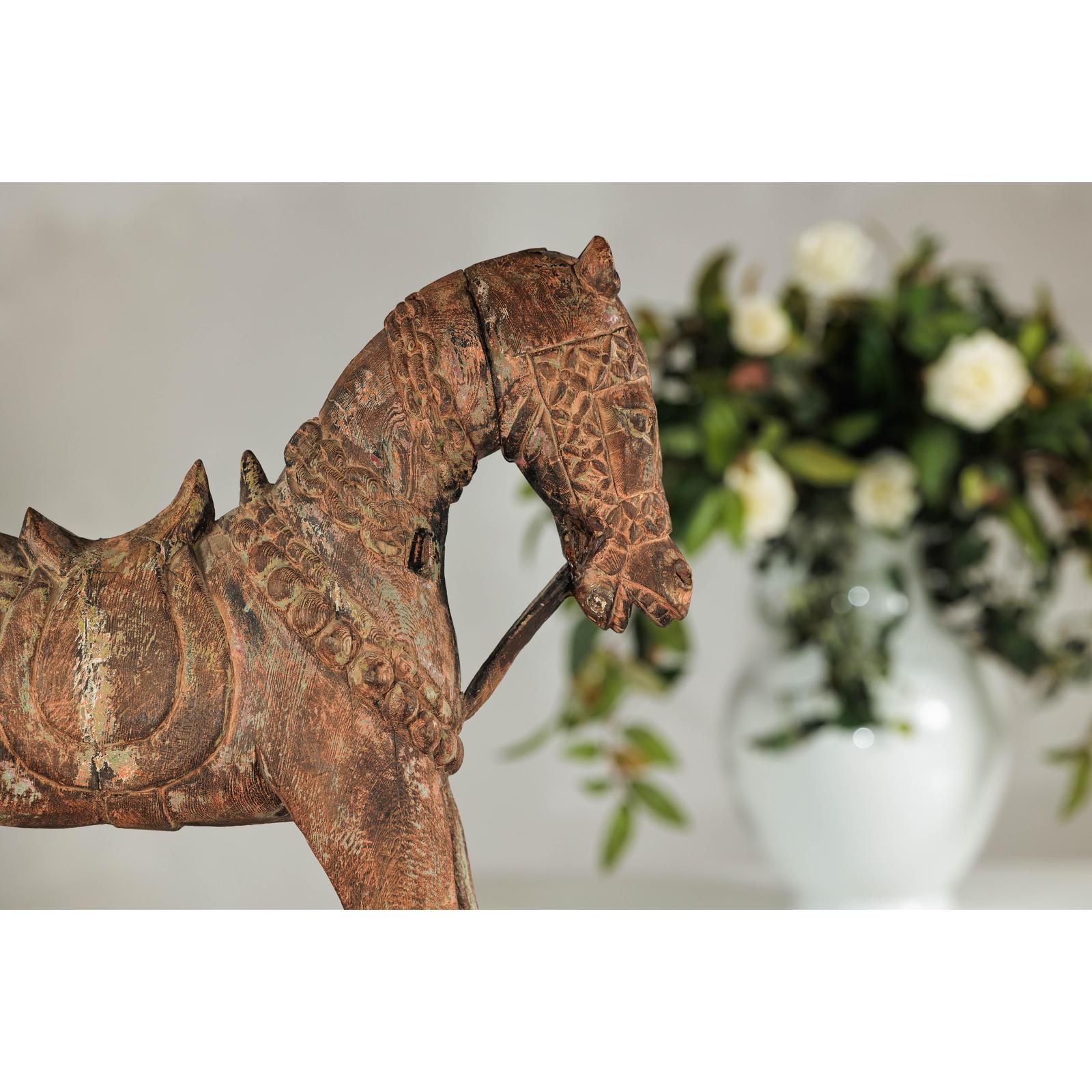 Hand-Carved Painted Wood Horse Sculpture with Geometric Details-11. Asian &amp; Chinese Furniture, Art, Antiques, Vintage Home Décor for sale at FEA Home