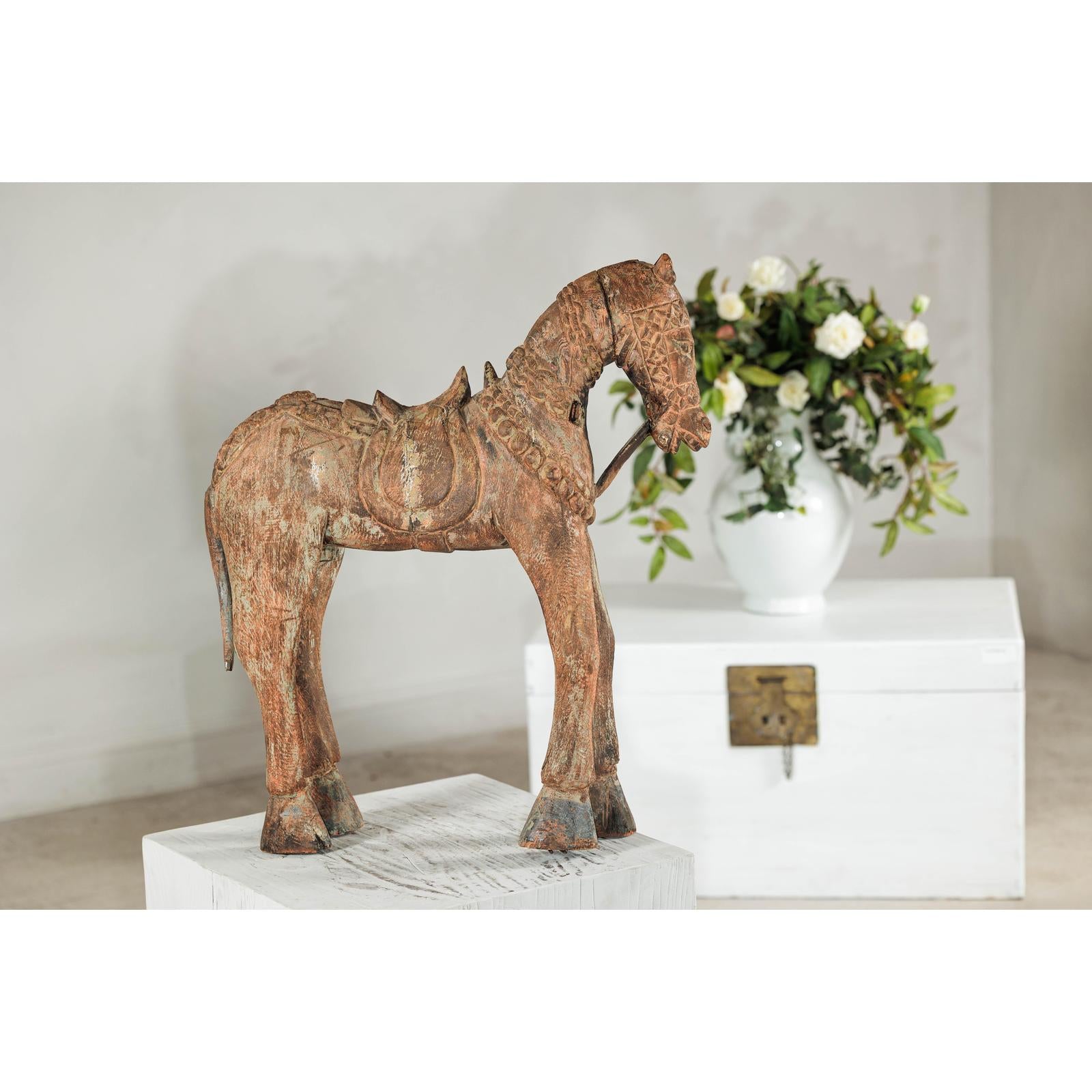 Hand-Carved Painted Wood Horse Sculpture with Geometric Details-12. Asian &amp; Chinese Furniture, Art, Antiques, Vintage Home Décor for sale at FEA Home