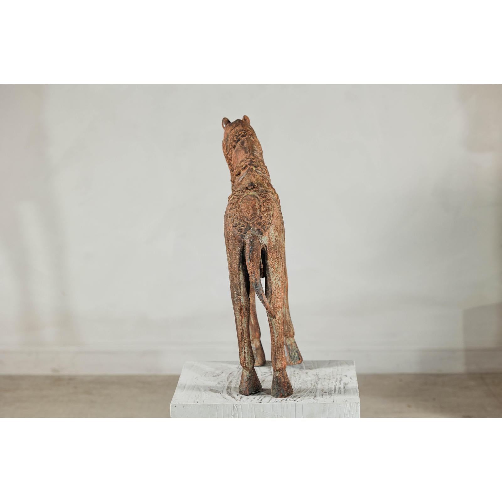 Hand-Carved Painted Wood Horse Sculpture with Geometric Details-13. Asian &amp; Chinese Furniture, Art, Antiques, Vintage Home Décor for sale at FEA Home