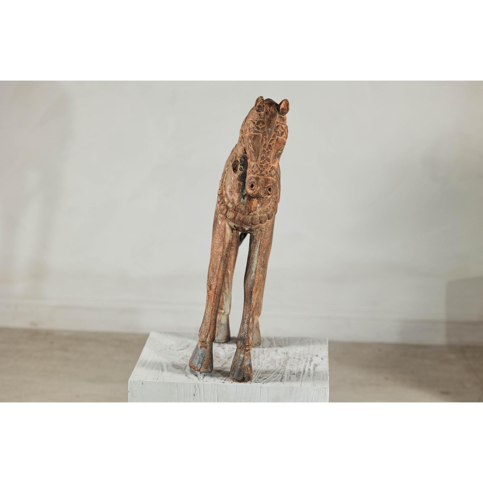 Hand-Carved Painted Wood Horse Sculpture with Geometric Details-14. Asian &amp; Chinese Furniture, Art, Antiques, Vintage Home Décor for sale at FEA Home