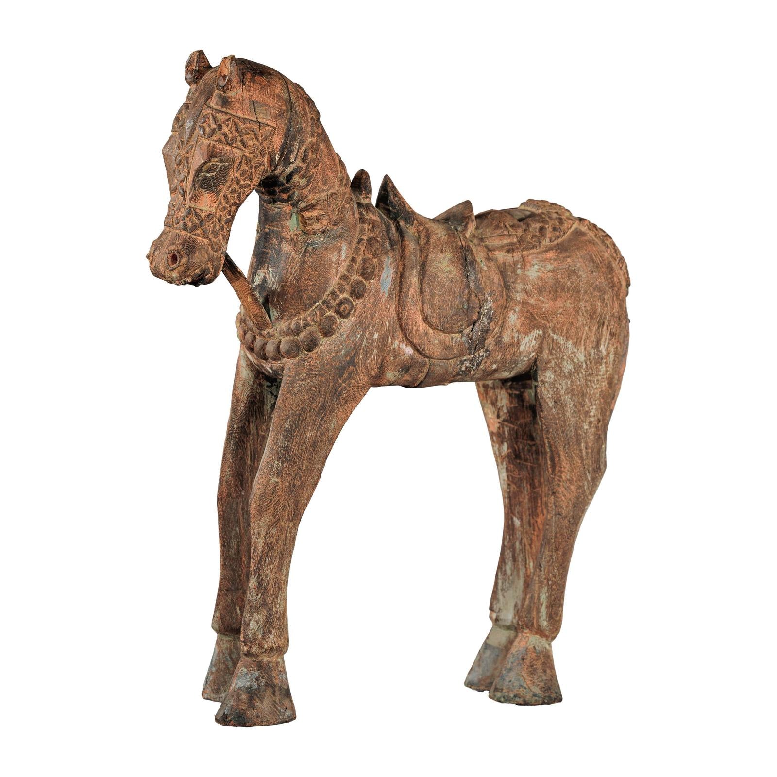Hand-Carved Painted Wood Horse Sculpture with Geometric Details-15. Asian &amp; Chinese Furniture, Art, Antiques, Vintage Home Décor for sale at FEA Home