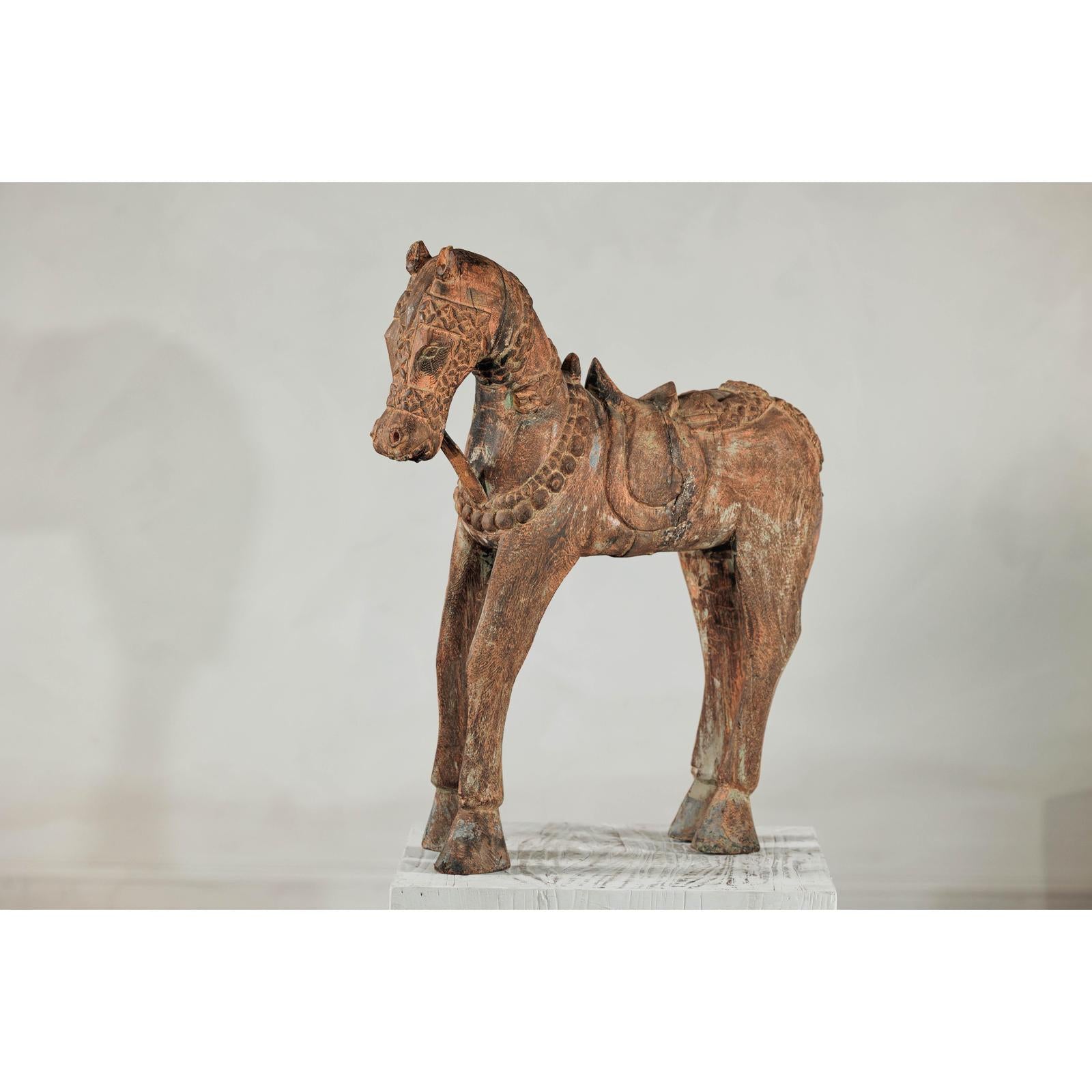 Hand-Carved Painted Wood Horse Sculpture with Geometric Details-2. Asian & Chinese Furniture, Art, Antiques, Vintage Home Décor for sale at FEA Home