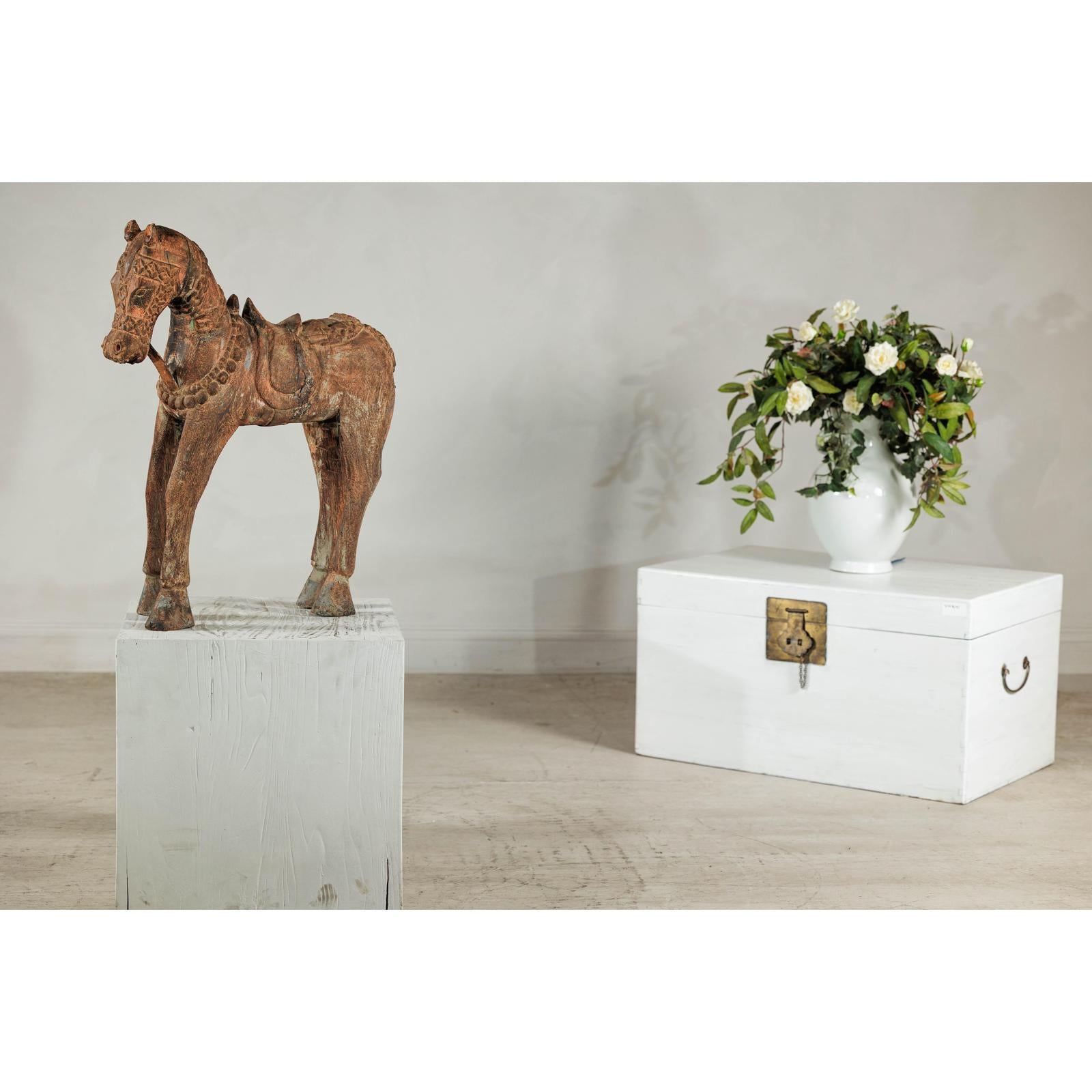 Hand-Carved Painted Wood Horse Sculpture with Geometric Details-3. Asian &amp; Chinese Furniture, Art, Antiques, Vintage Home Décor for sale at FEA Home