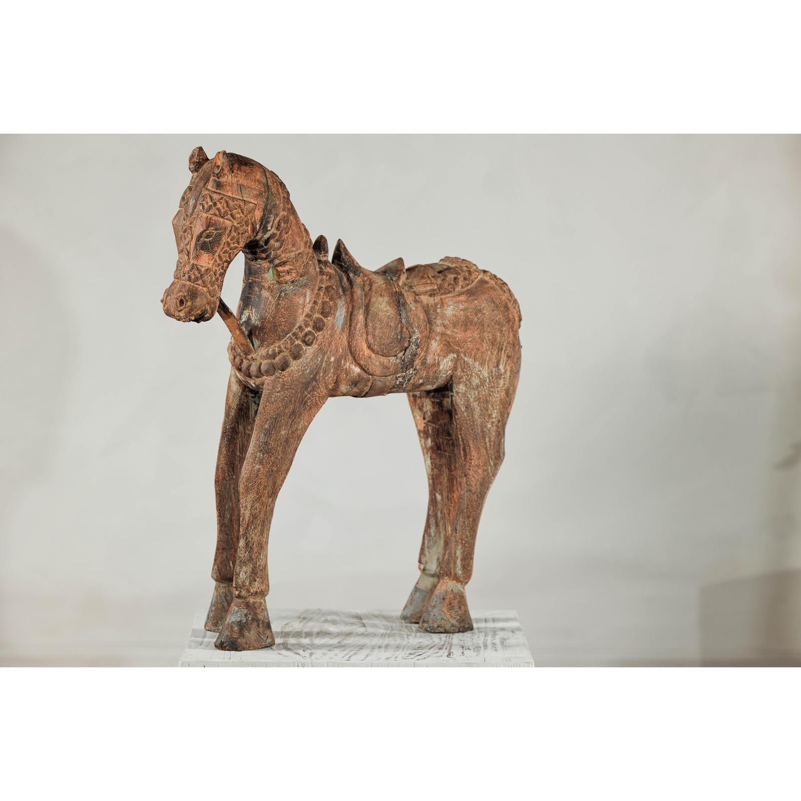 Hand-Carved Painted Wood Horse Sculpture with Geometric Details-4. Asian &amp; Chinese Furniture, Art, Antiques, Vintage Home Décor for sale at FEA Home