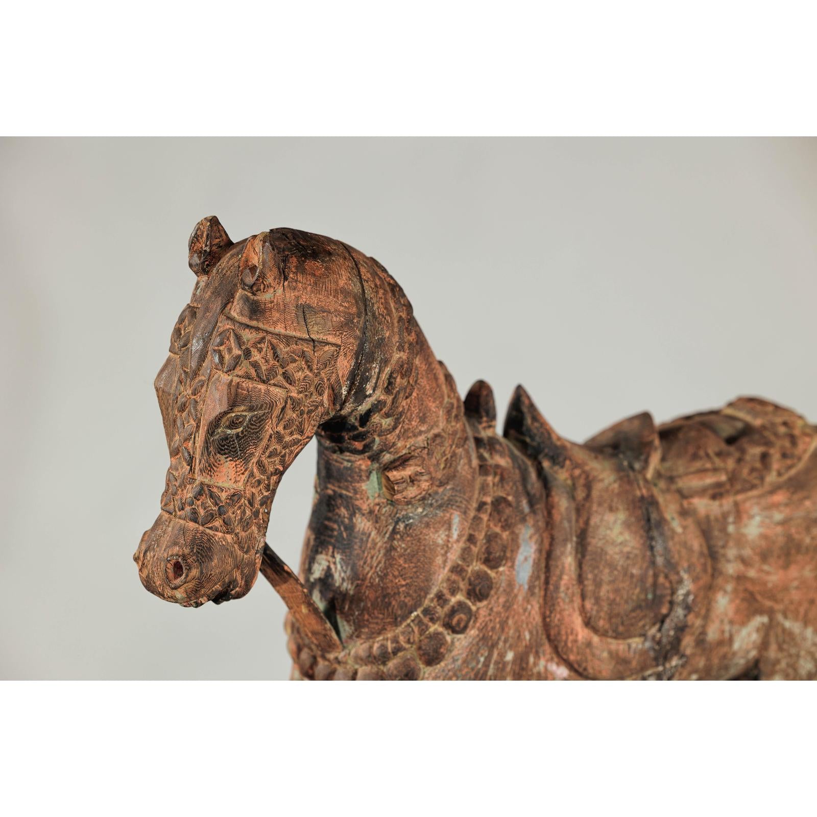 Hand-Carved Painted Wood Horse Sculpture with Geometric Details-5. Asian &amp; Chinese Furniture, Art, Antiques, Vintage Home Décor for sale at FEA Home