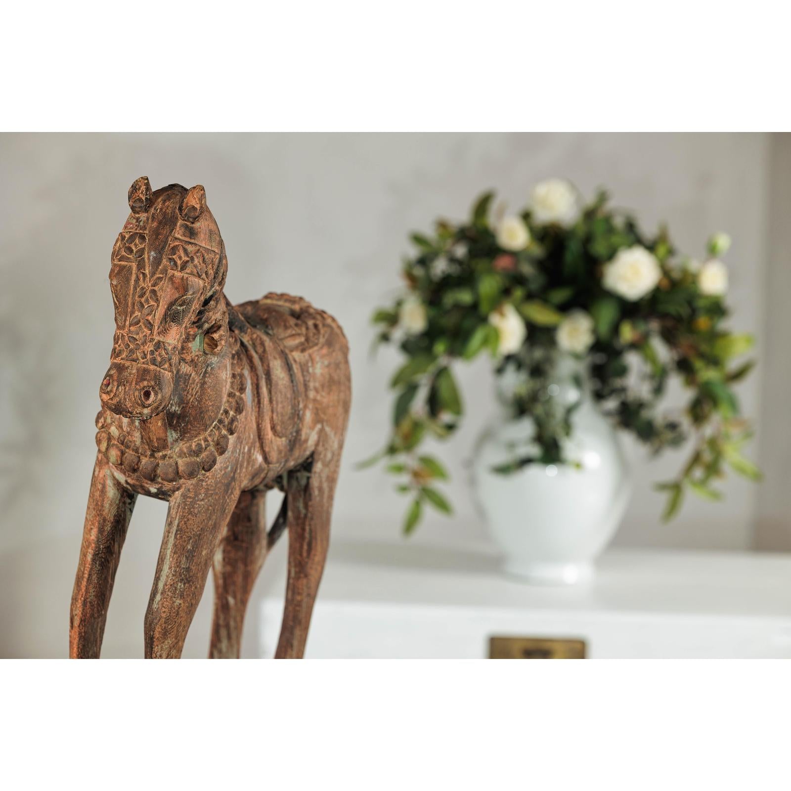 Hand-Carved Painted Wood Horse Sculpture with Geometric Details-8. Asian &amp; Chinese Furniture, Art, Antiques, Vintage Home Décor for sale at FEA Home