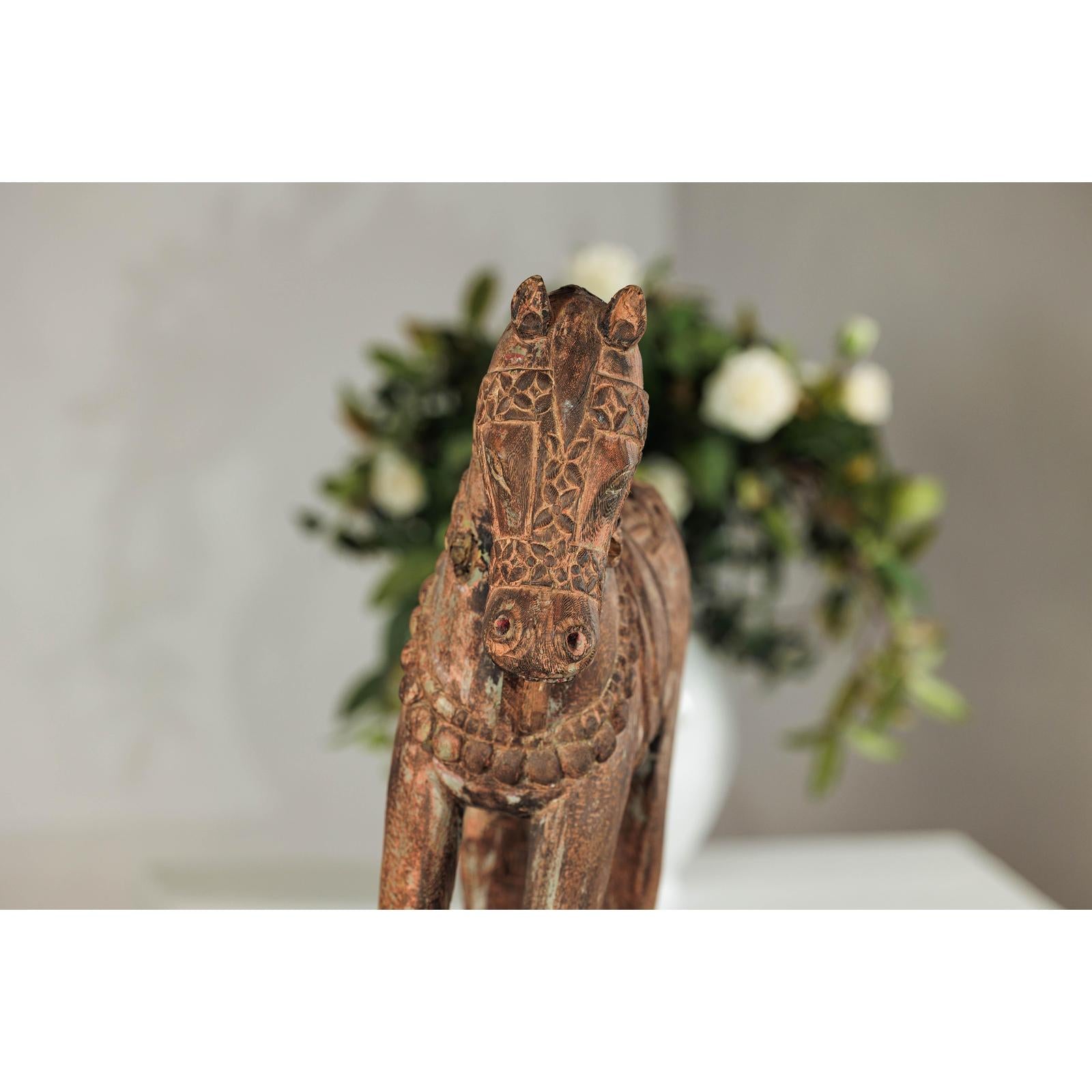 Hand-Carved Painted Wood Horse Sculpture with Geometric Details-9. Asian &amp; Chinese Furniture, Art, Antiques, Vintage Home Décor for sale at FEA Home