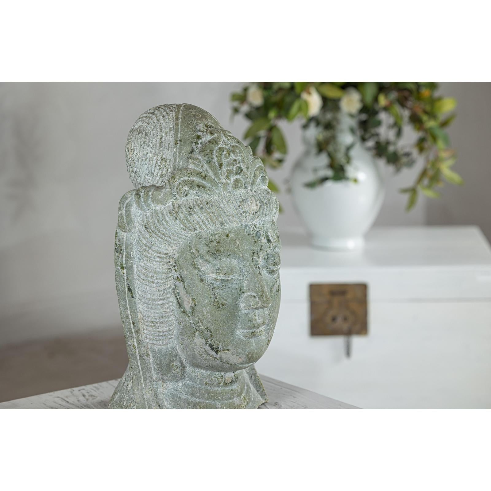 Hand-Carved Vintage Stone Quán Yīn Head Sculpture with Natural Patina-11. Asian &amp; Chinese Furniture, Art, Antiques, Vintage Home Décor for sale at FEA Home