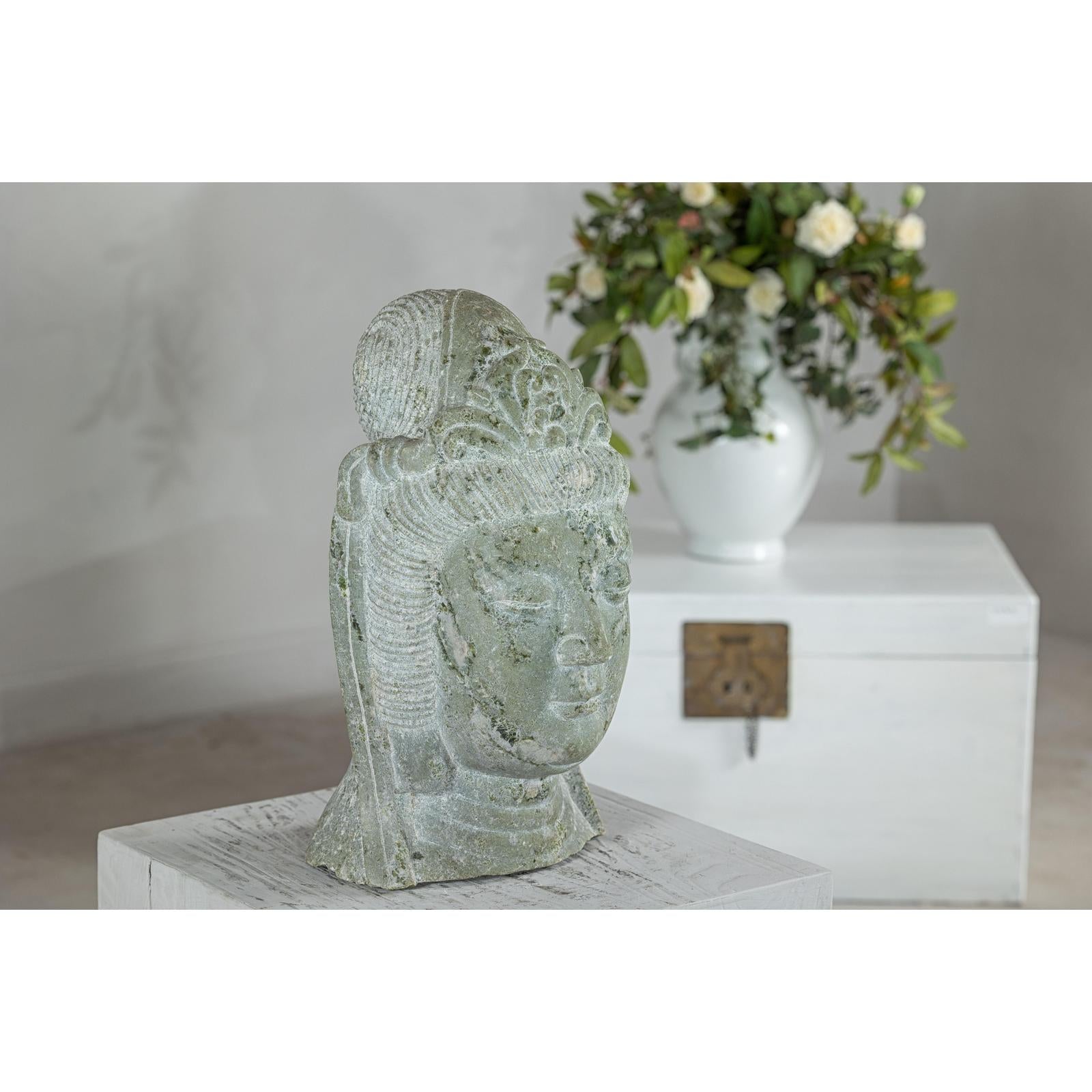 Hand-Carved Vintage Stone Quán Yīn Head Sculpture with Natural Patina-12. Asian &amp; Chinese Furniture, Art, Antiques, Vintage Home Décor for sale at FEA Home