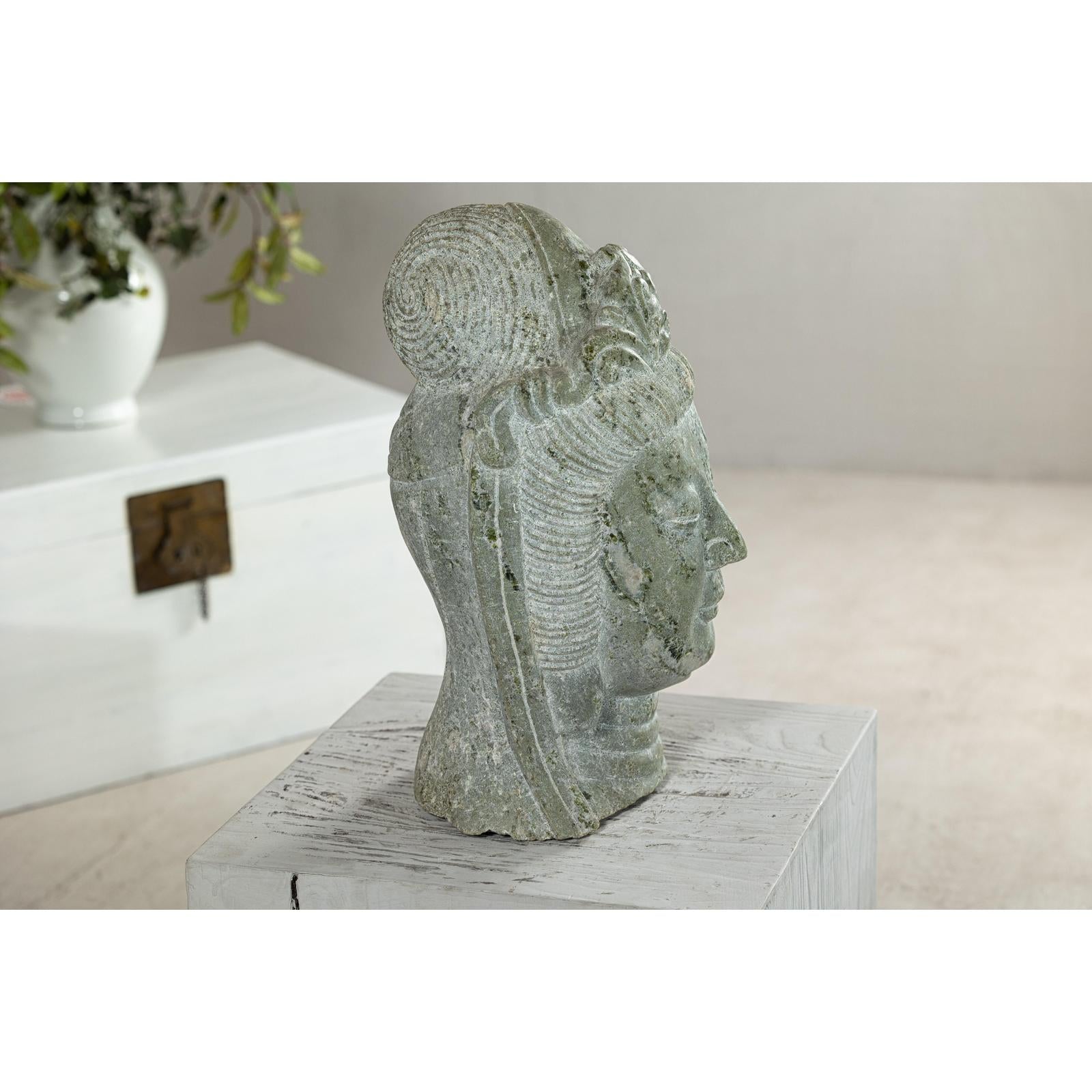 Hand-Carved Vintage Stone Quán Yīn Head Sculpture with Natural Patina-13. Asian &amp; Chinese Furniture, Art, Antiques, Vintage Home Décor for sale at FEA Home
