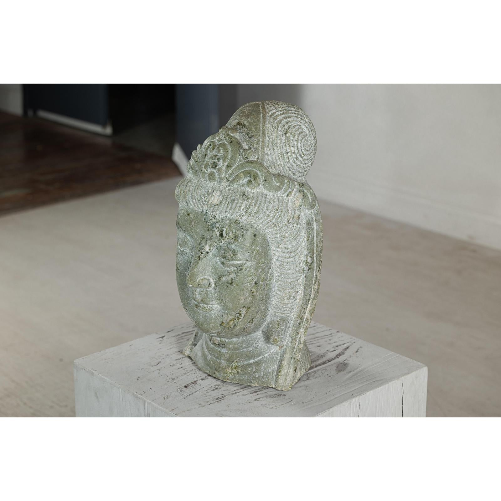 Hand-Carved Vintage Stone Quán Yīn Head Sculpture with Natural Patina-16. Asian &amp; Chinese Furniture, Art, Antiques, Vintage Home Décor for sale at FEA Home