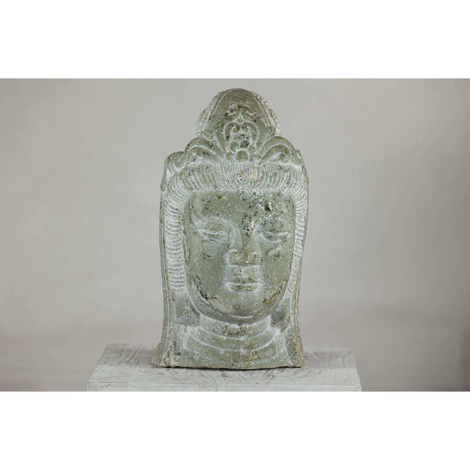 Hand-Carved Vintage Stone Quán Yīn Head Sculpture with Natural Patina-18. Asian &amp; Chinese Furniture, Art, Antiques, Vintage Home Décor for sale at FEA Home