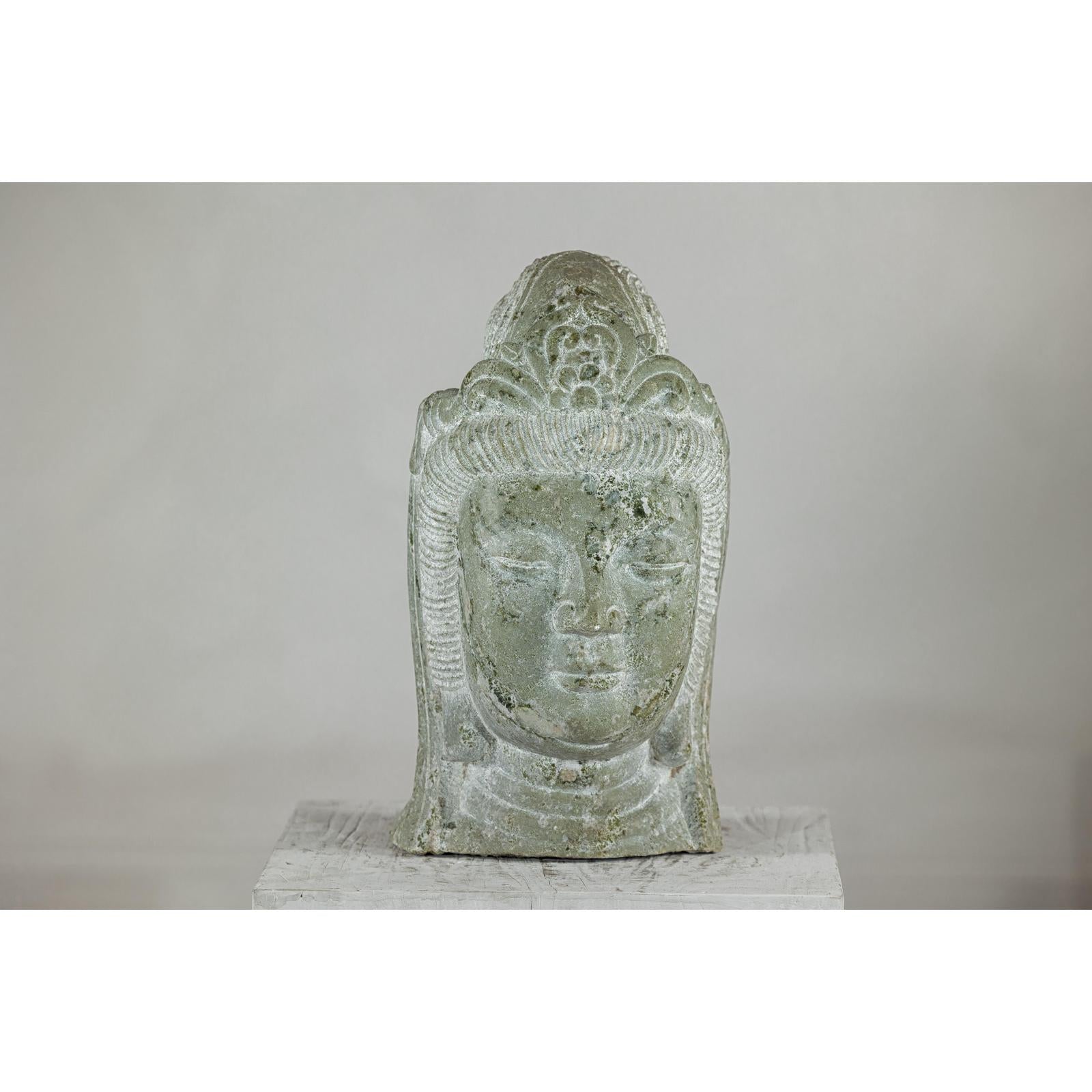 Hand-Carved Vintage Stone Quán Yīn Head Sculpture with Natural Patina-2. Asian & Chinese Furniture, Art, Antiques, Vintage Home Décor for sale at FEA Home