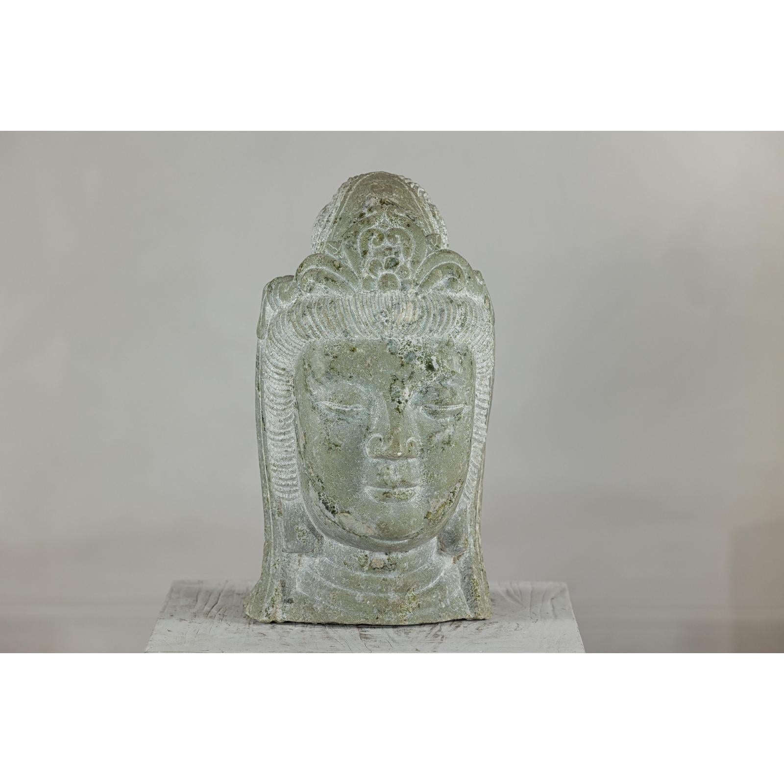 Hand-Carved Vintage Stone Quán Yīn Head Sculpture with Natural Patina-3. Asian &amp; Chinese Furniture, Art, Antiques, Vintage Home Décor for sale at FEA Home