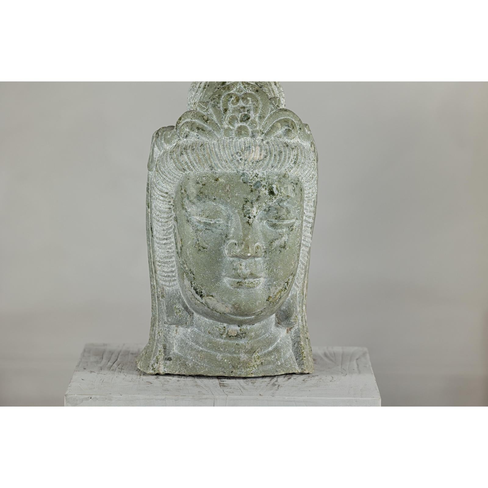 Hand-Carved Vintage Stone Quán Yīn Head Sculpture with Natural Patina-5. Asian &amp; Chinese Furniture, Art, Antiques, Vintage Home Décor for sale at FEA Home